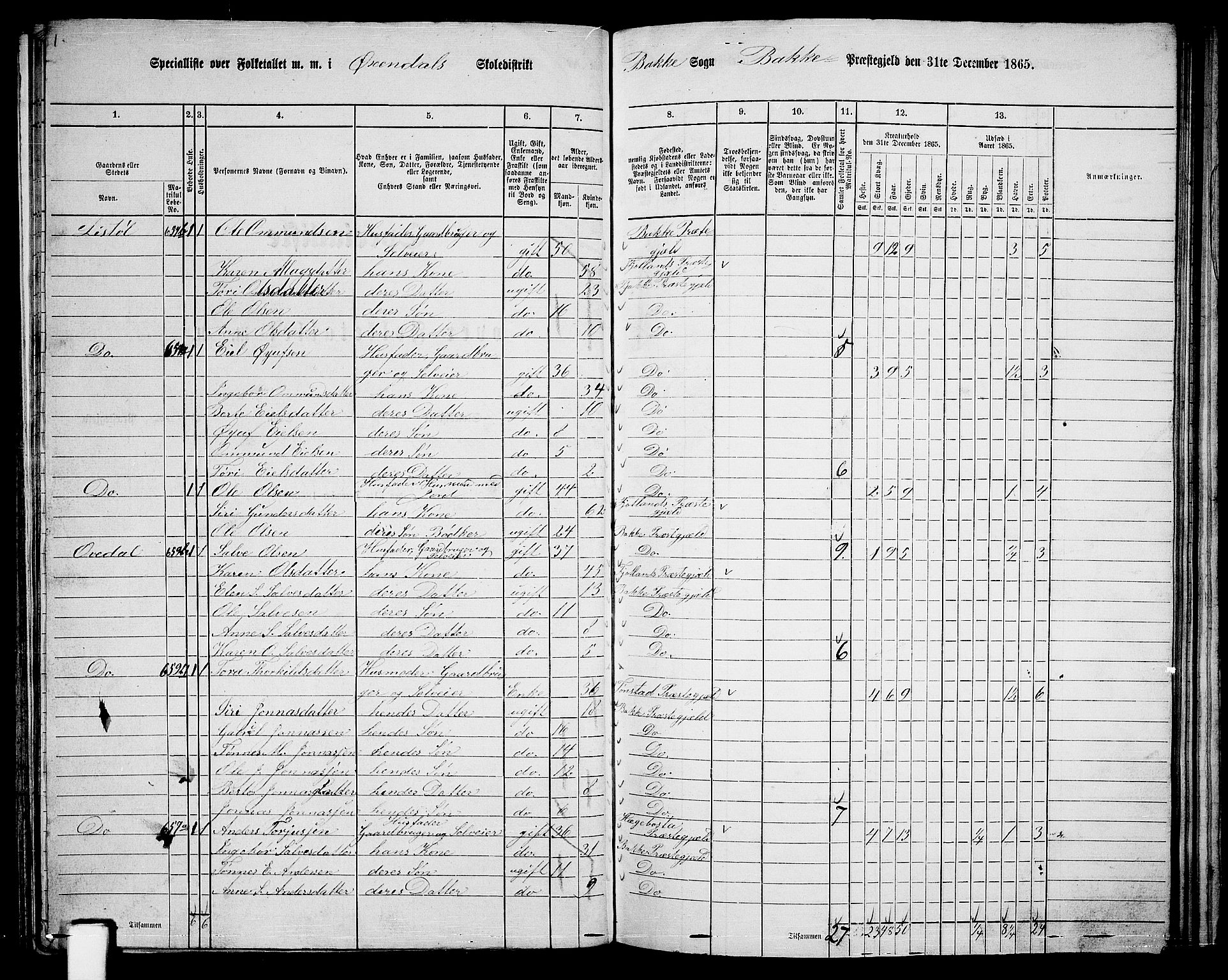 RA, 1865 census for Bakke, 1865, p. 61