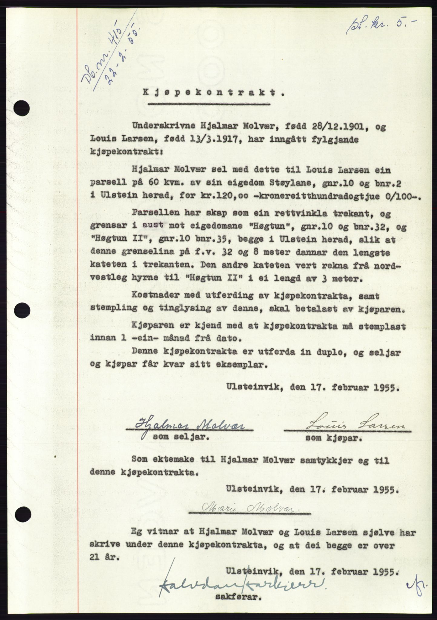 Søre Sunnmøre sorenskriveri, AV/SAT-A-4122/1/2/2C/L0100: Mortgage book no. 26A, 1954-1955, Diary no: : 413/1955