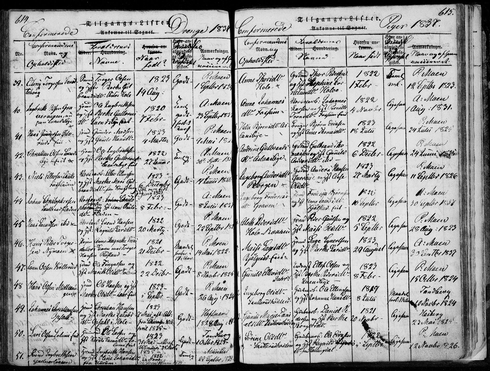 Modum kirkebøker, SAKO/A-234/F/Fa/L0006: Parish register (official) no. 6, 1832-1841, p. 614-615