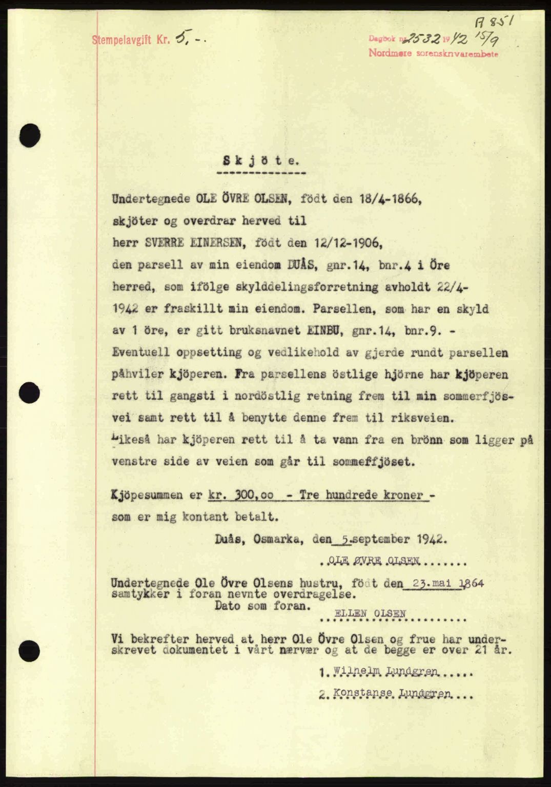 Nordmøre sorenskriveri, AV/SAT-A-4132/1/2/2Ca: Mortgage book no. A93, 1942-1942, Diary no: : 2532/1942