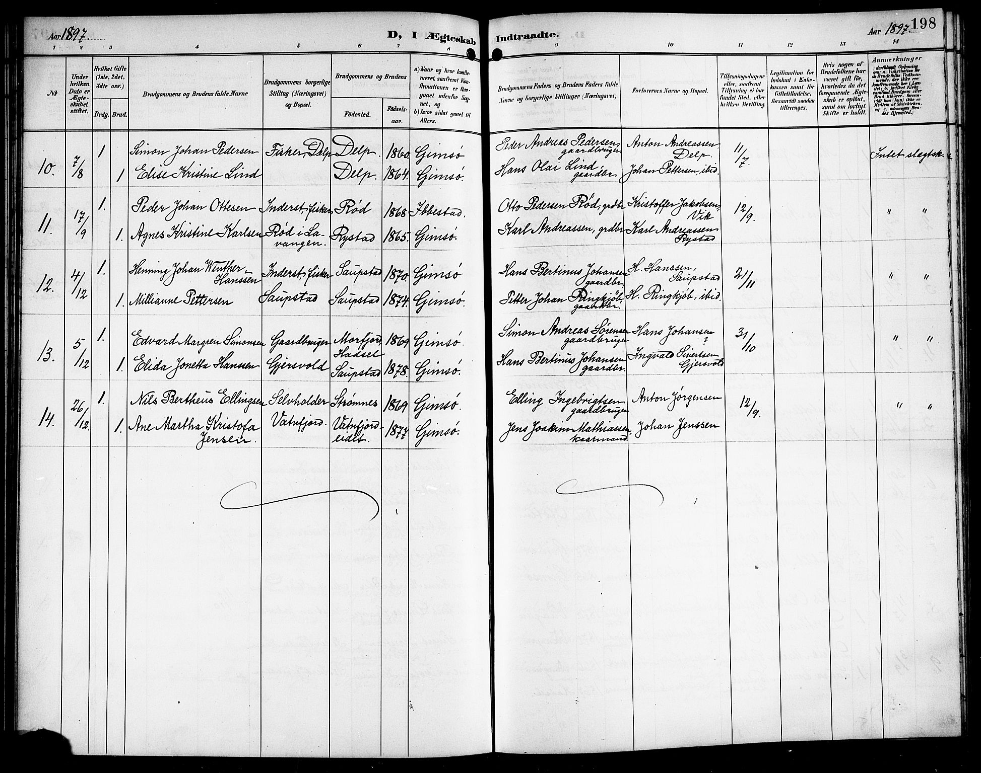 Ministerialprotokoller, klokkerbøker og fødselsregistre - Nordland, AV/SAT-A-1459/876/L1105: Parish register (copy) no. 876C04, 1896-1914, p. 198