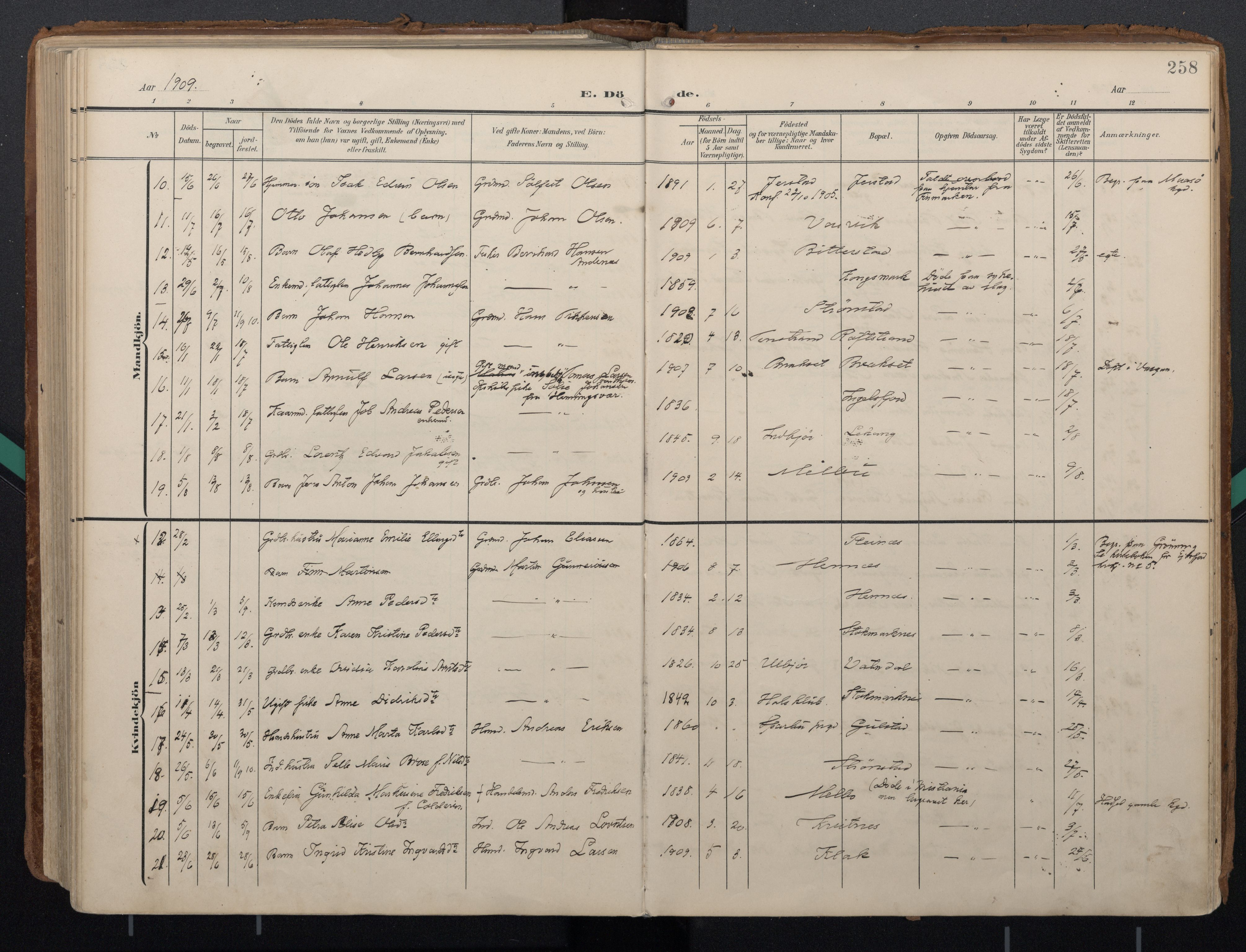 Ministerialprotokoller, klokkerbøker og fødselsregistre - Nordland, SAT/A-1459/888/L1248: Parish register (official) no. 888A14, 1904-1913, p. 258