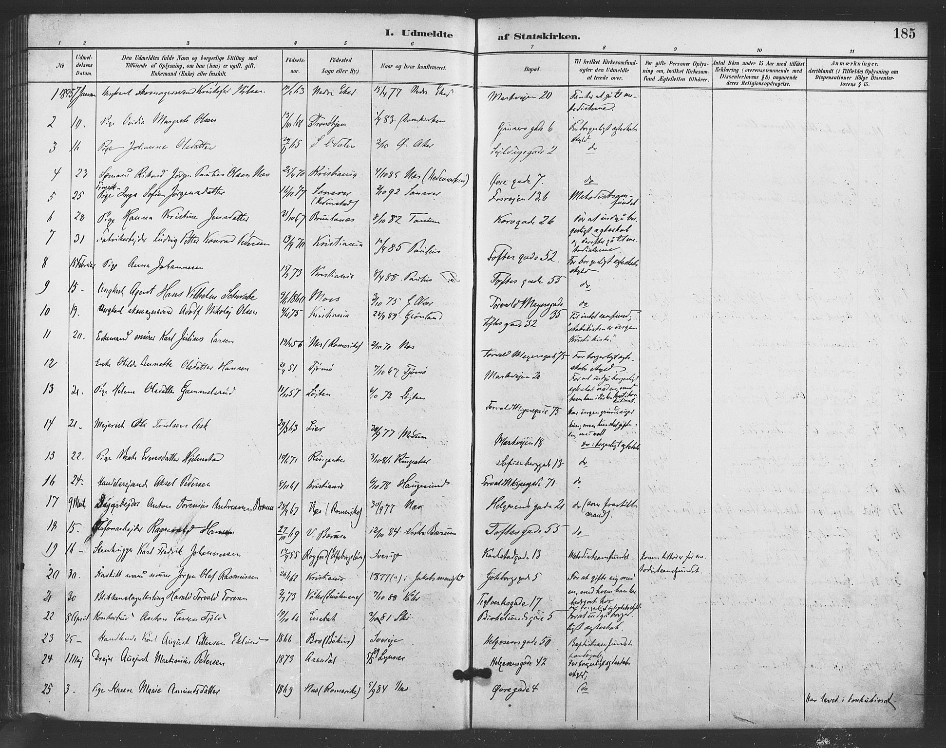 Paulus prestekontor Kirkebøker, AV/SAO-A-10871/F/Fa/L0006: Parish register (official) no. 6, 1889-1896, p. 185