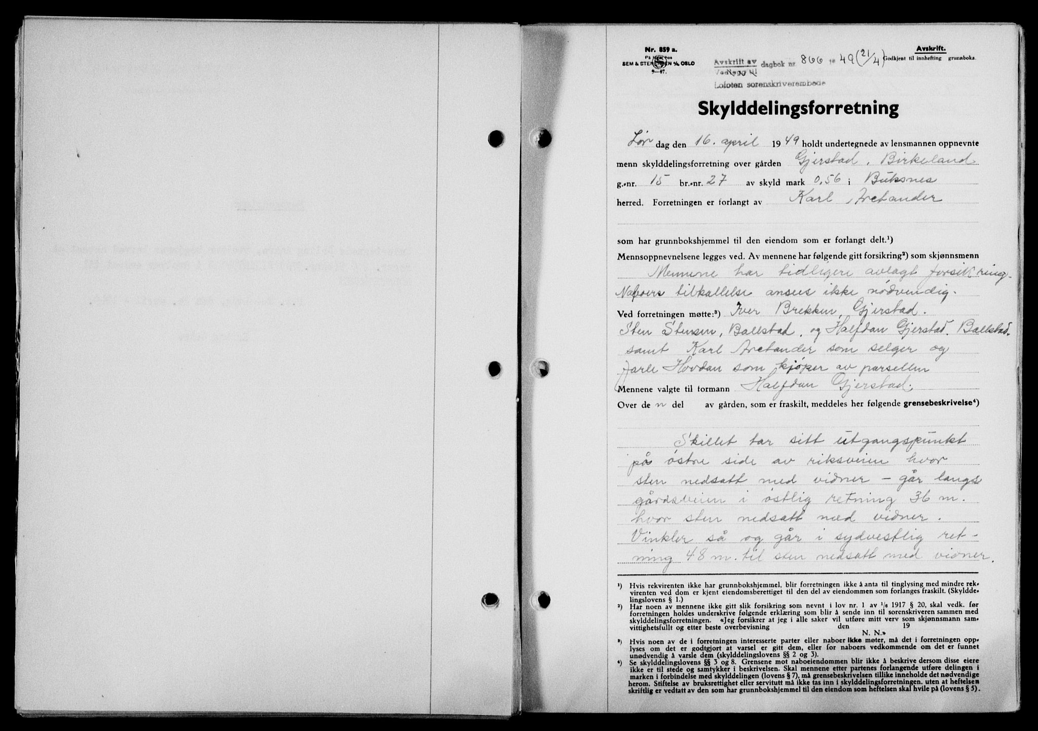 Lofoten sorenskriveri, SAT/A-0017/1/2/2C/L0020a: Mortgage book no. 20a, 1948-1949, Diary no: : 866/1949