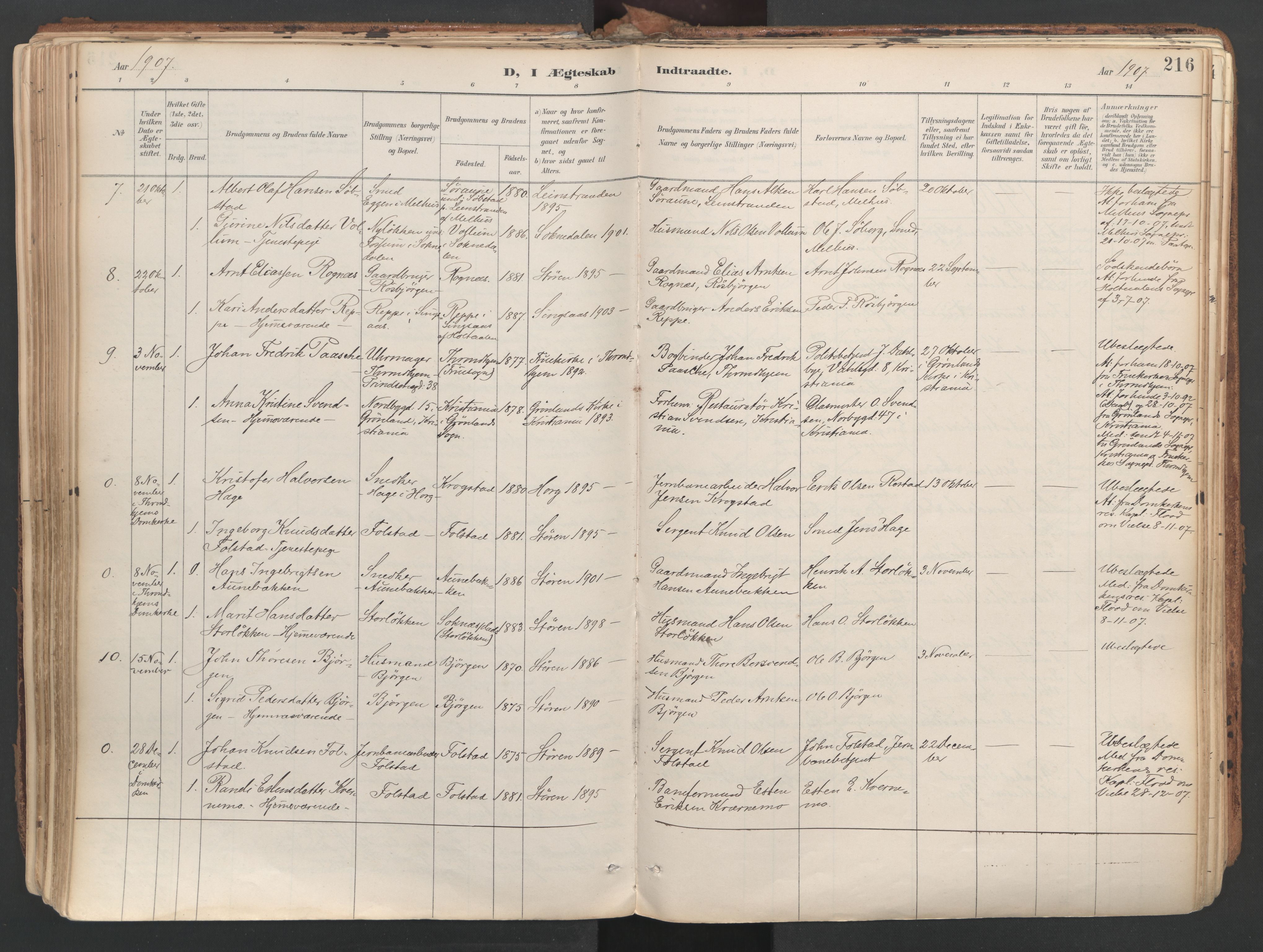 Ministerialprotokoller, klokkerbøker og fødselsregistre - Sør-Trøndelag, SAT/A-1456/687/L1004: Parish register (official) no. 687A10, 1891-1923, p. 216