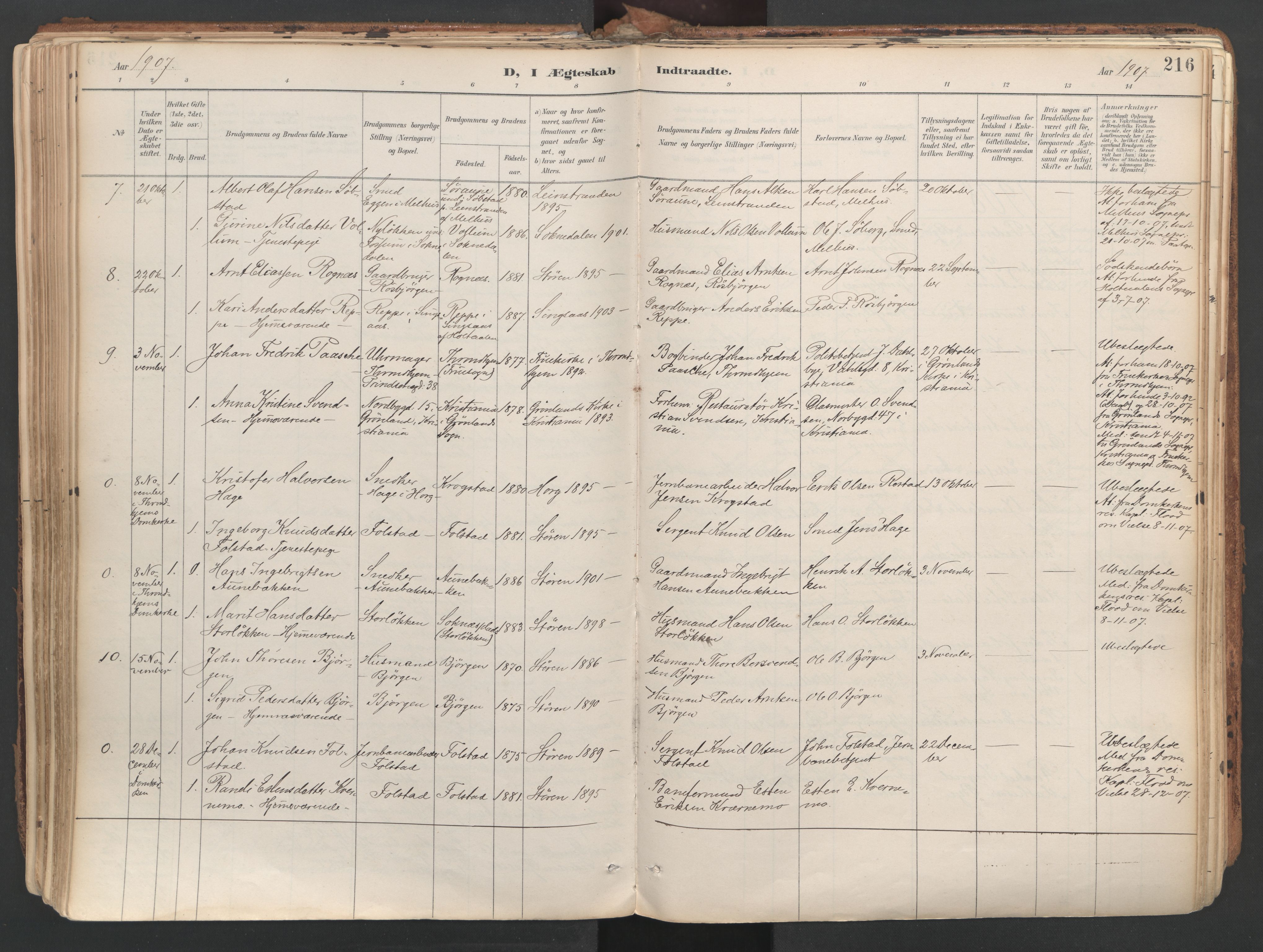 Ministerialprotokoller, klokkerbøker og fødselsregistre - Sør-Trøndelag, AV/SAT-A-1456/687/L1004: Parish register (official) no. 687A10, 1891-1923, p. 216