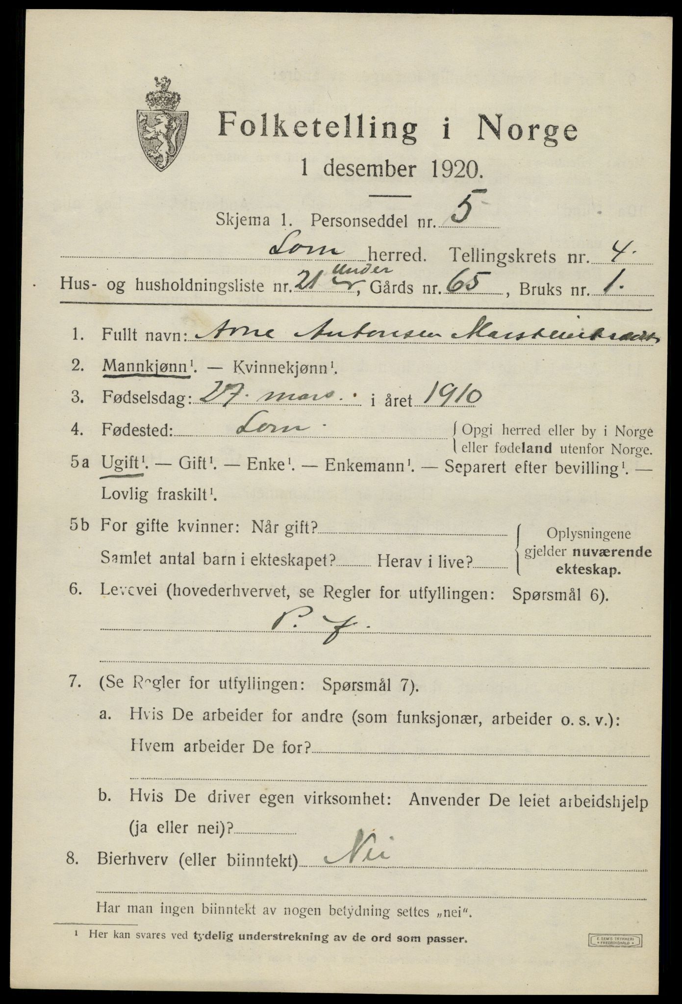 SAH, 1920 census for Lom, 1920, p. 2868