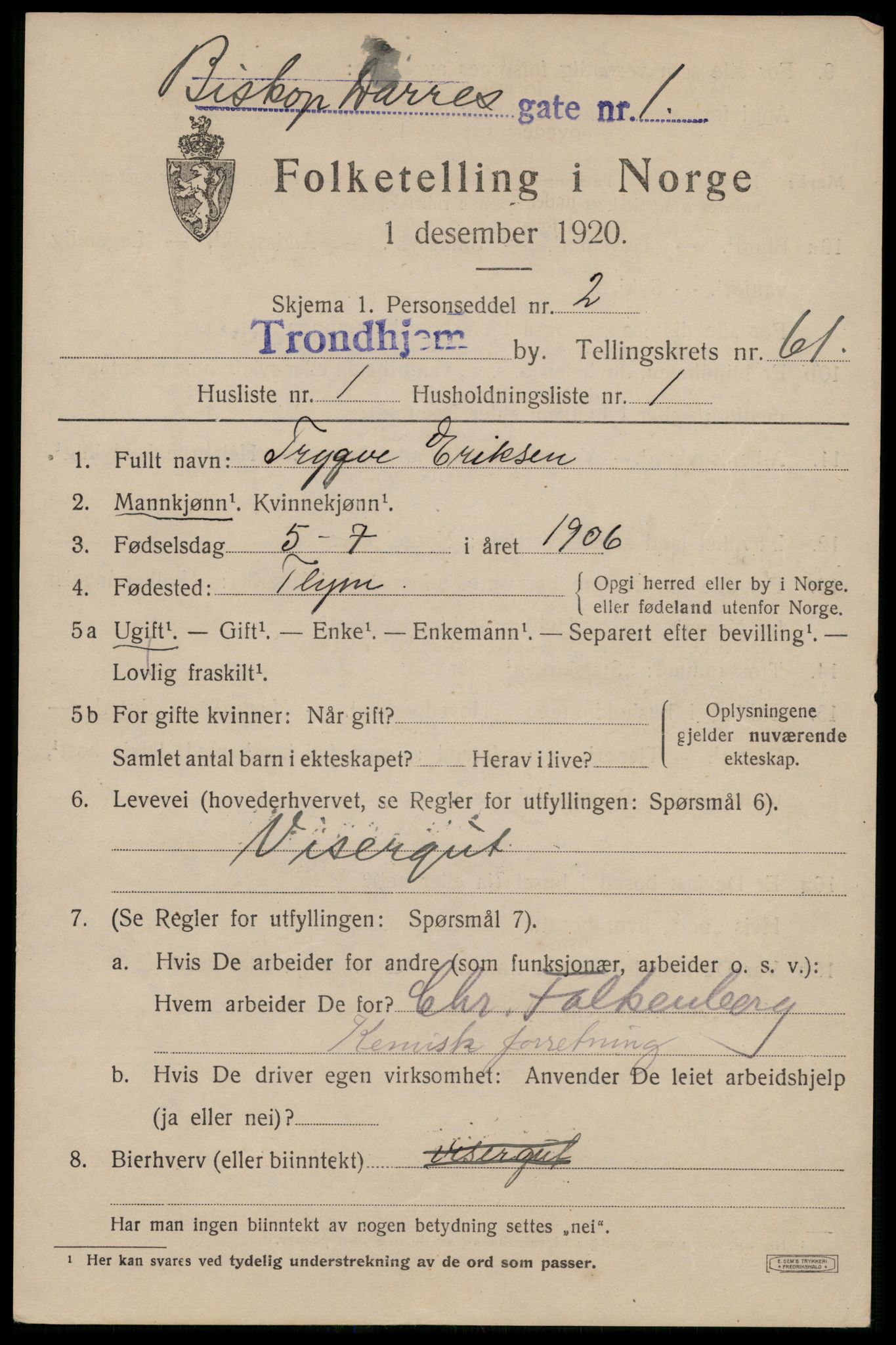 SAT, 1920 census for Trondheim, 1920, p. 122248