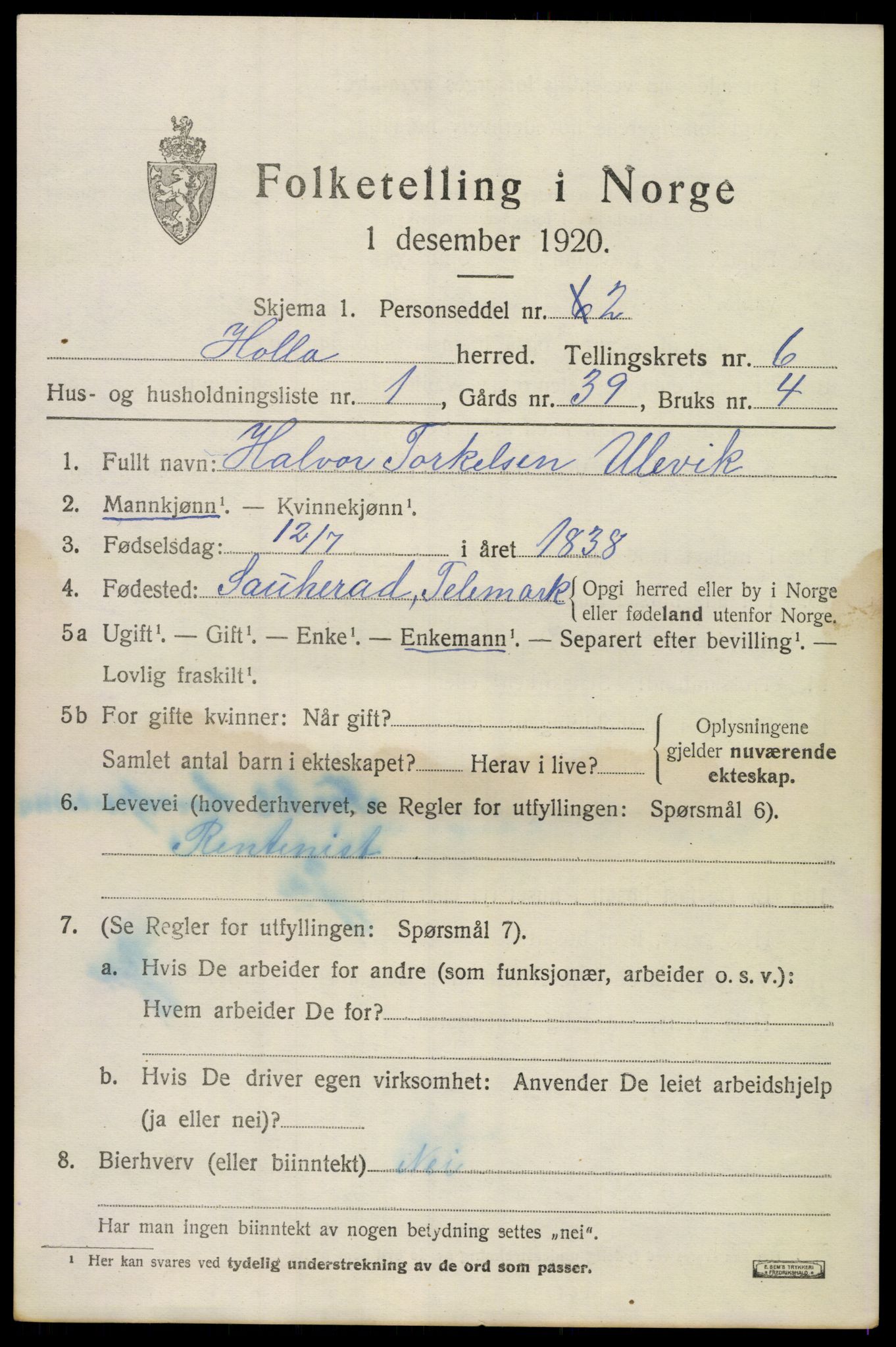 SAKO, 1920 census for Holla, 1920, p. 4469