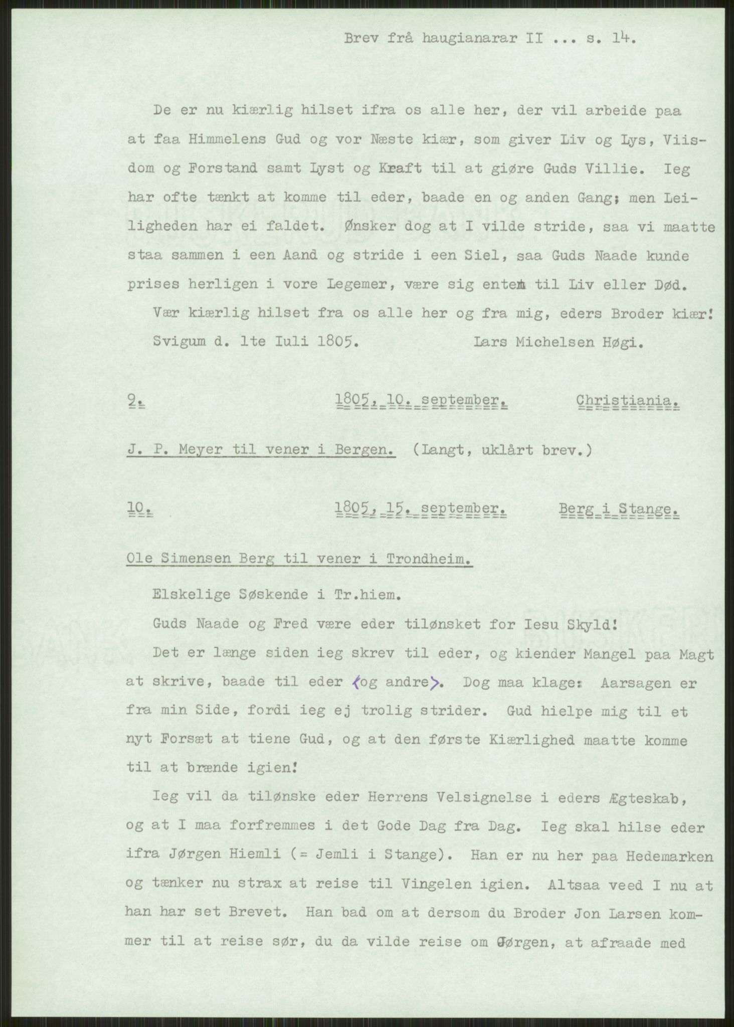 Samlinger til kildeutgivelse, Haugianerbrev, AV/RA-EA-6834/F/L0002: Haugianerbrev II: 1805-1821, 1805-1821, p. 14