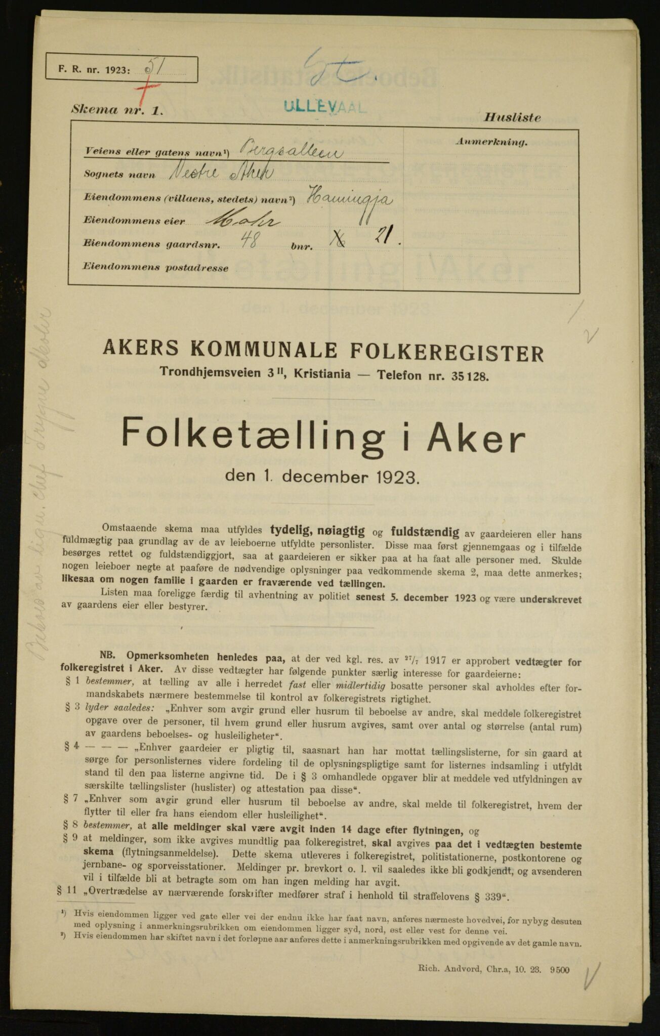 , Municipal Census 1923 for Aker, 1923, p. 7756