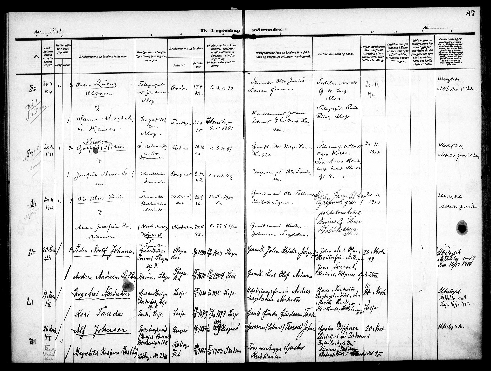 Trefoldighet prestekontor Kirkebøker, AV/SAO-A-10882/F/Fc/L0006: Parish register (official) no. III 6, 1908-1914, p. 87