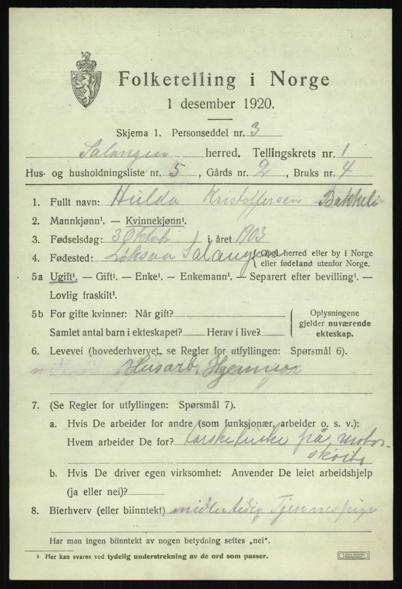 SATØ, 1920 census for Salangen, 1920, p. 1012