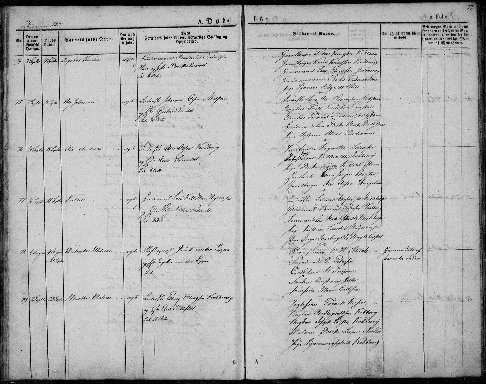 Avaldsnes sokneprestkontor, AV/SAST-A -101851/H/Ha/Haa/L0005: Parish register (official) no. A 5.1, 1825-1841, p. 77