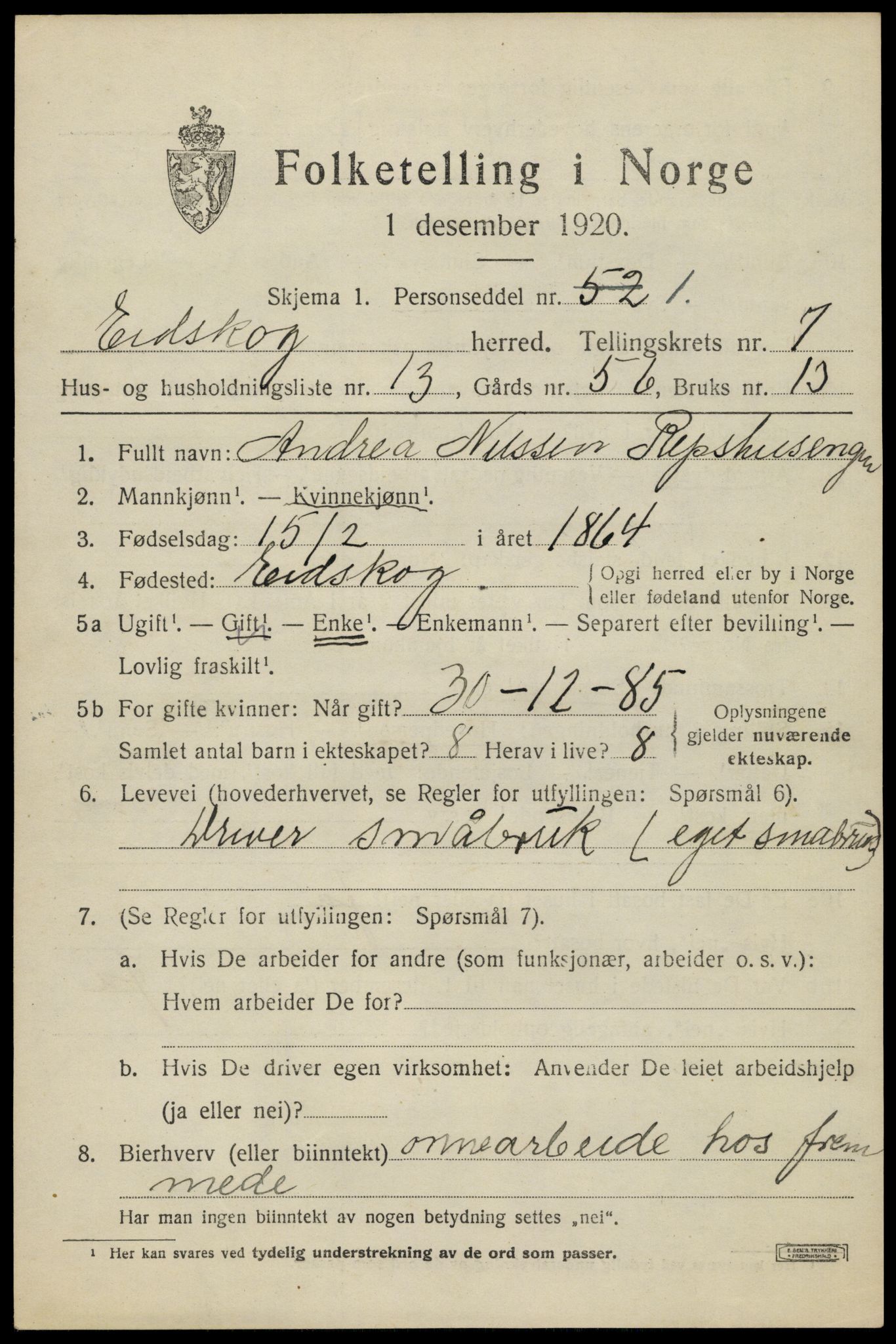 SAH, 1920 census for Eidskog, 1920, p. 8541