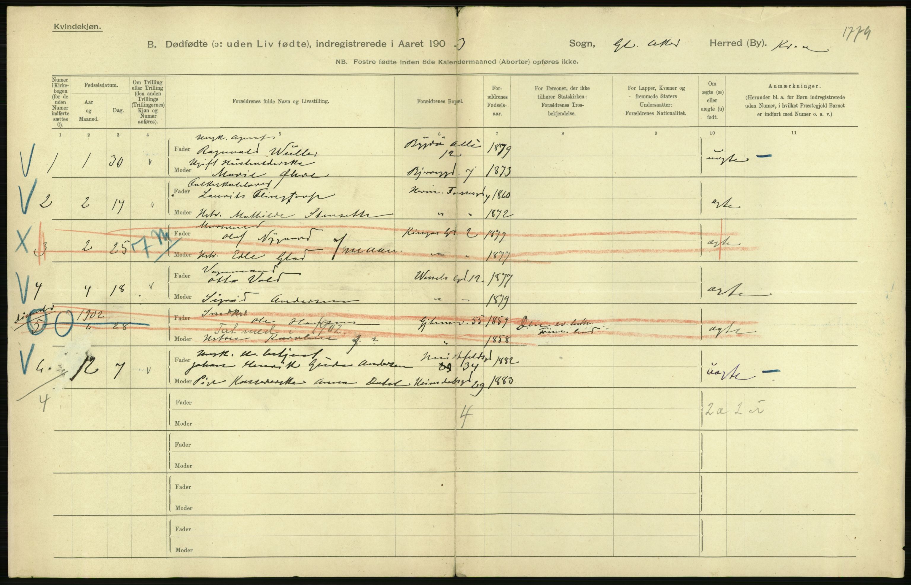 Statistisk sentralbyrå, Sosiodemografiske emner, Befolkning, AV/RA-S-2228/D/Df/Dfa/Dfaa/L0026: Smålenenes - Finnmarkens amt: Dødfødte. Byer., 1903, p. 26