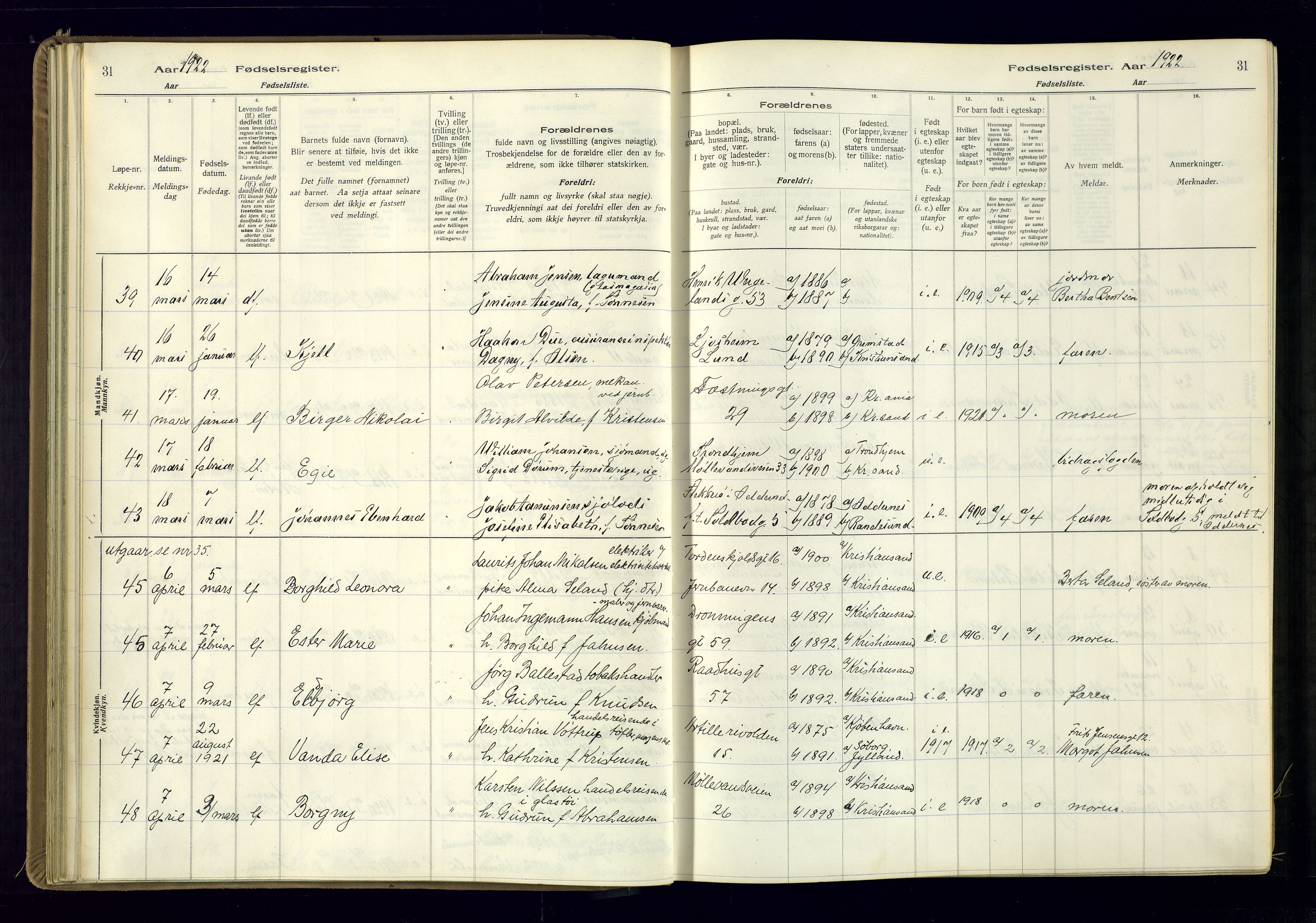 Kristiansand domprosti, AV/SAK-1112-0006/J/Jc/L0002: Birth register no. A-VI-46, 1921-1926, p. 31