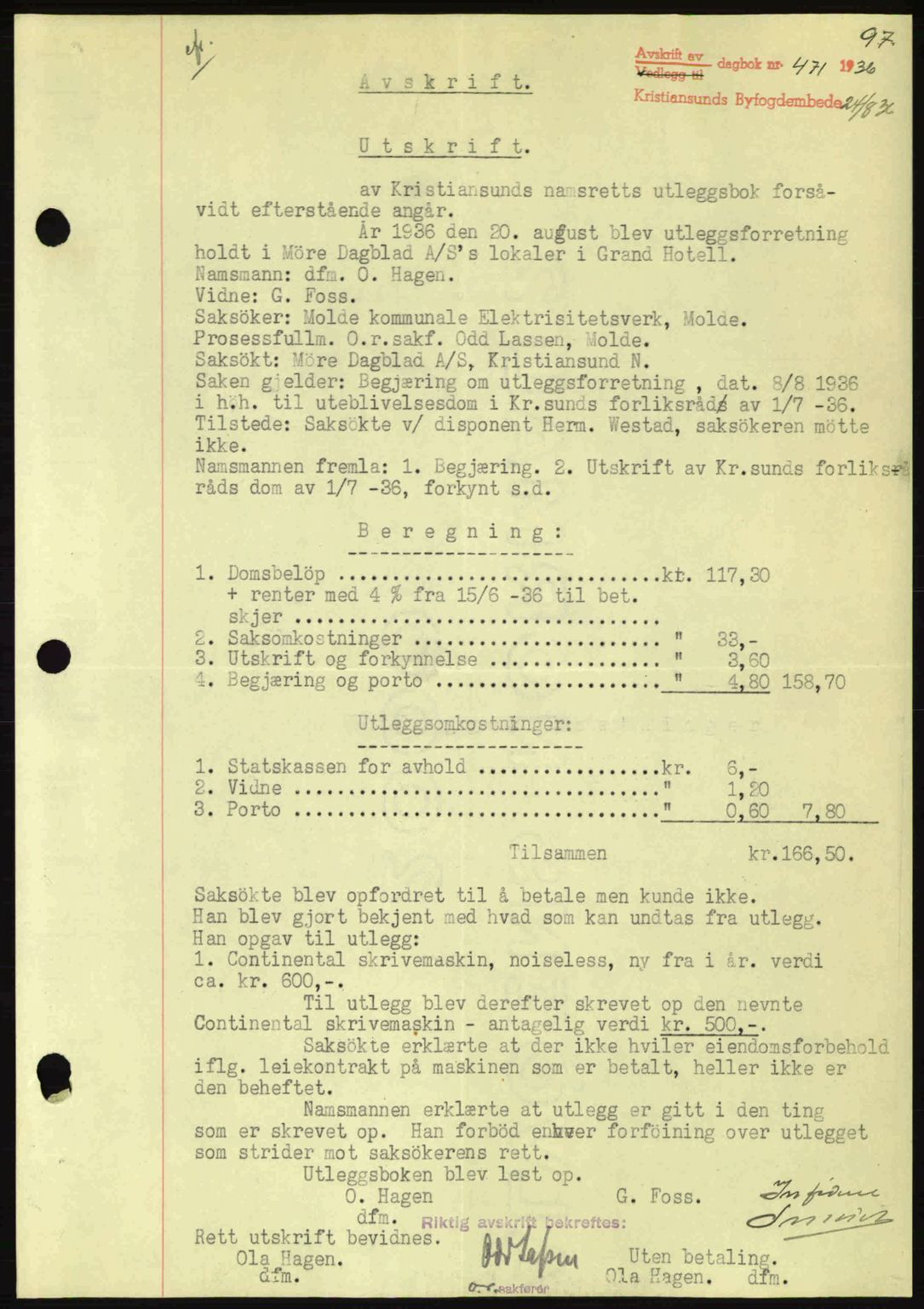 Kristiansund byfogd, AV/SAT-A-4587/A/27: Mortgage book no. 29, 1936-1937, Diary no: : 471/1936