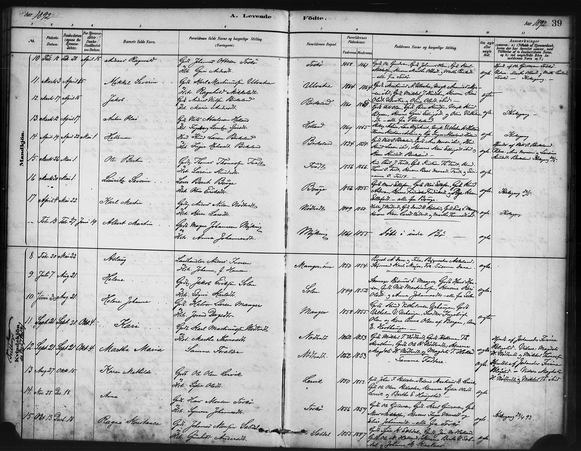 Manger sokneprestembete, SAB/A-76801/H/Haa: Parish register (official) no. B 1, 1881-1892, p. 39