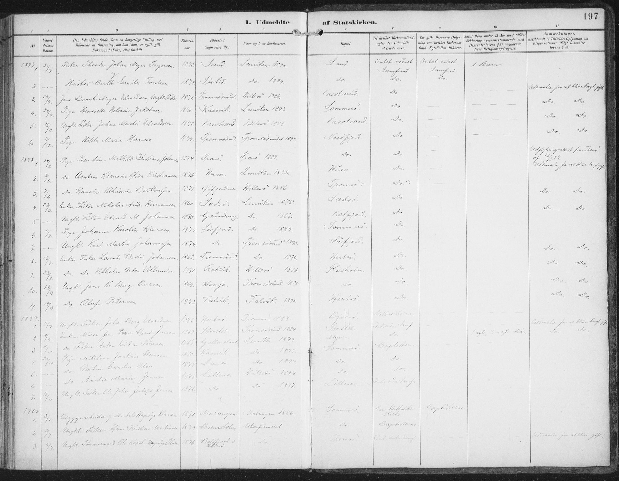 Lenvik sokneprestembete, SATØ/S-1310/H/Ha/Haa/L0015kirke: Parish register (official) no. 15, 1896-1915, p. 197