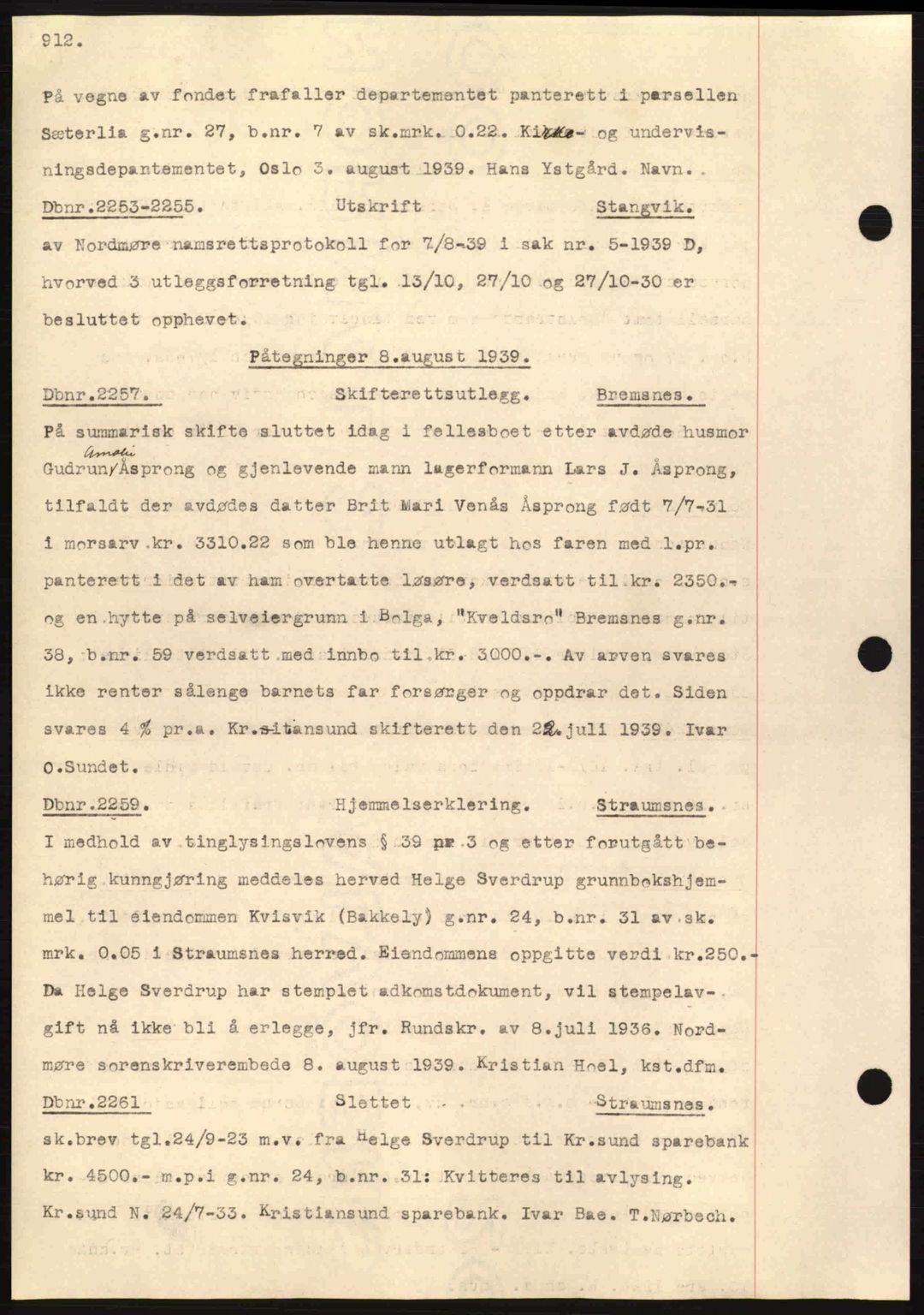 Nordmøre sorenskriveri, AV/SAT-A-4132/1/2/2Ca: Mortgage book no. C80, 1936-1939, Diary no: : 2253/1939