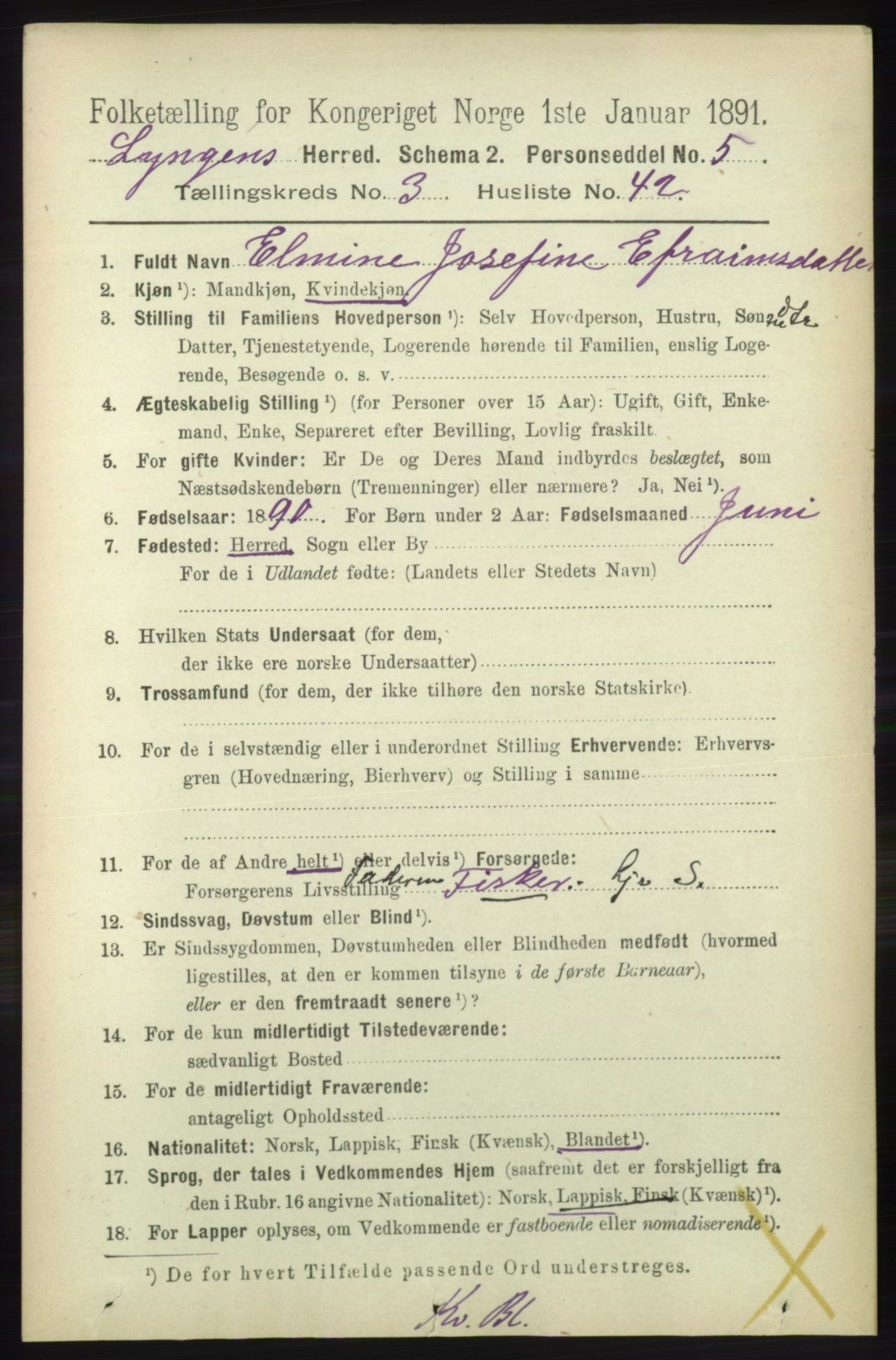 RA, 1891 census for 1938 Lyngen, 1891, p. 3423