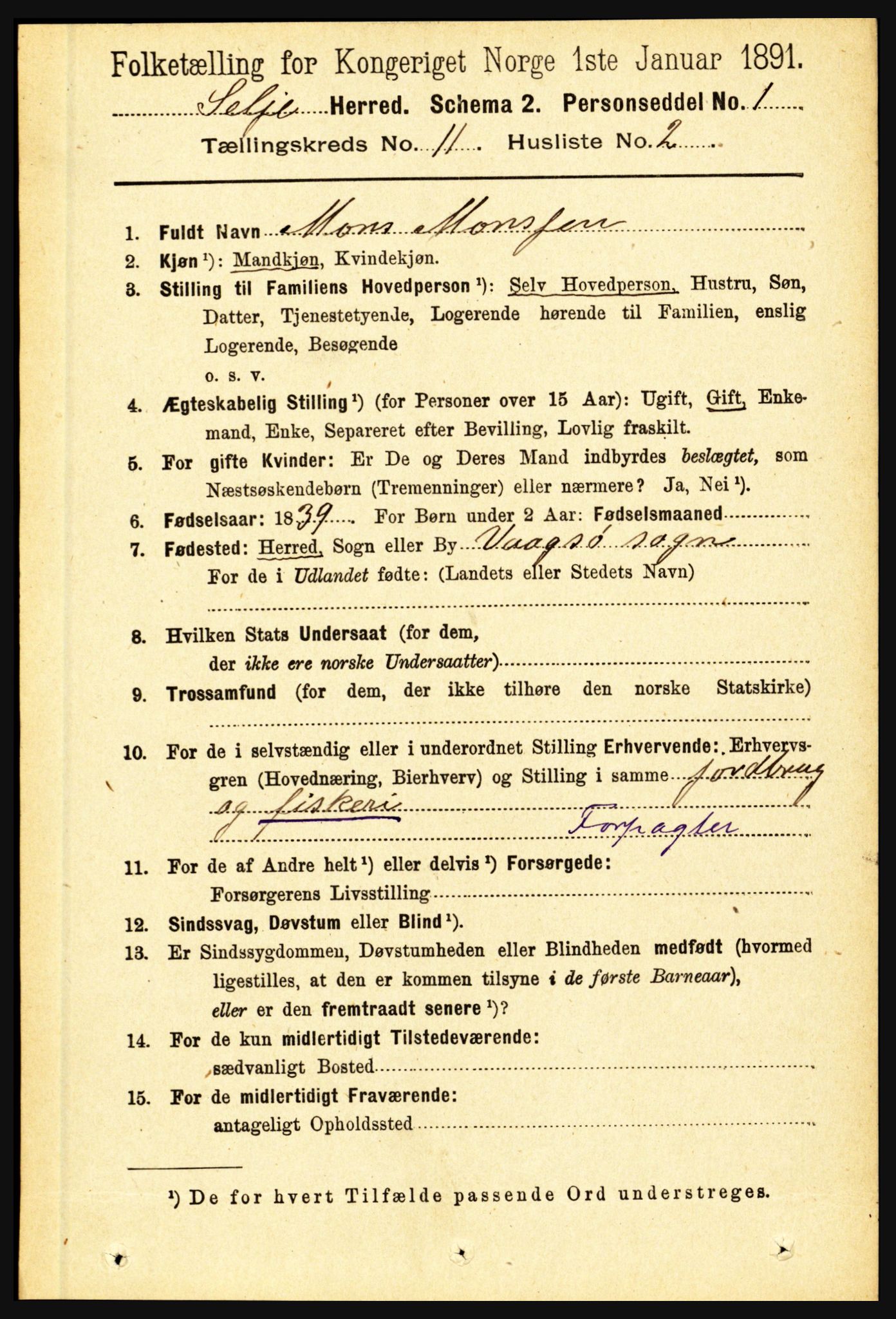 RA, 1891 census for 1441 Selje, 1891, p. 3423