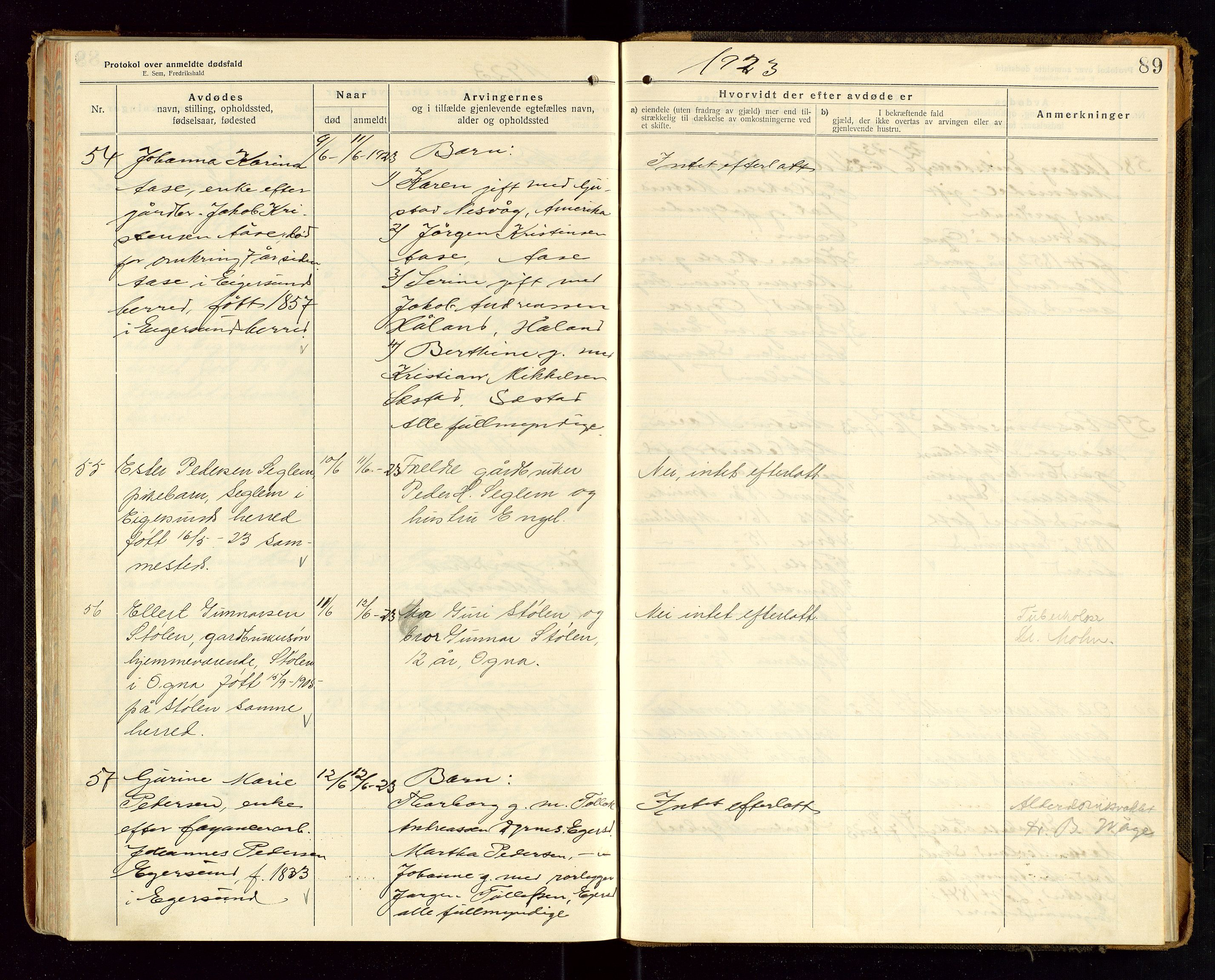 Eigersund lensmannskontor, SAST/A-100171/Gga/L0008: "Protokol over anmeldte dødsfald" m/alfabetisk navneregister, 1920-1922, p. 89