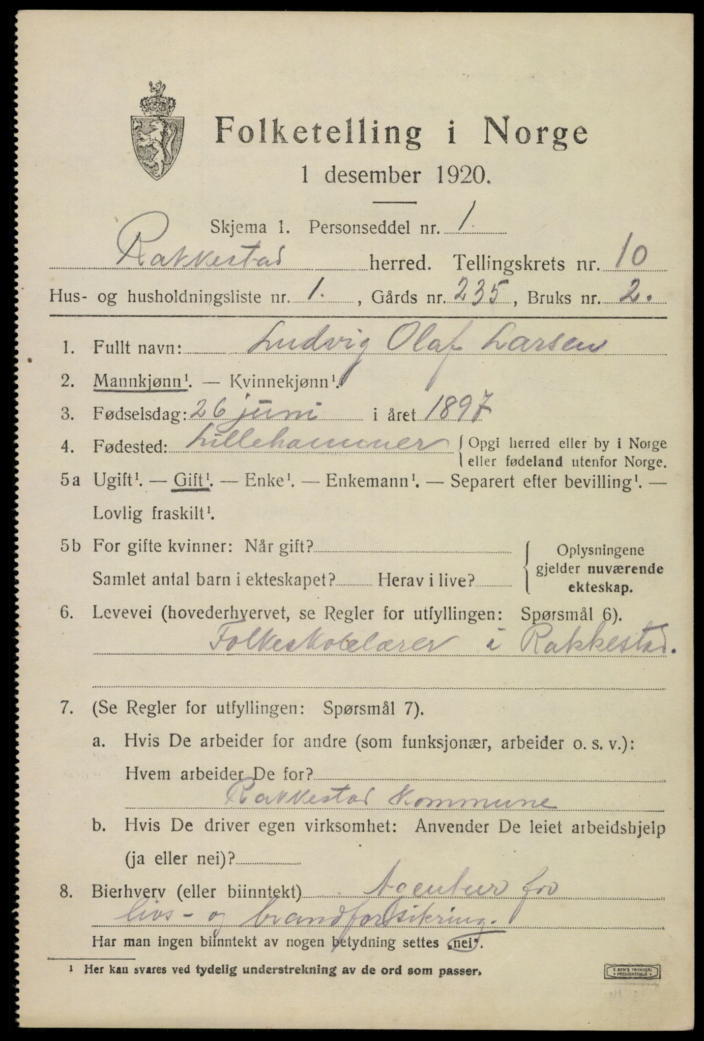 SAO, 1920 census for Rakkestad, 1920, p. 8509