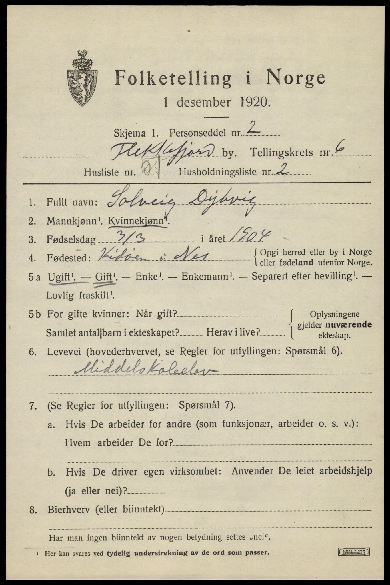 SAK, 1920 census for Flekkefjord, 1920, p. 6390