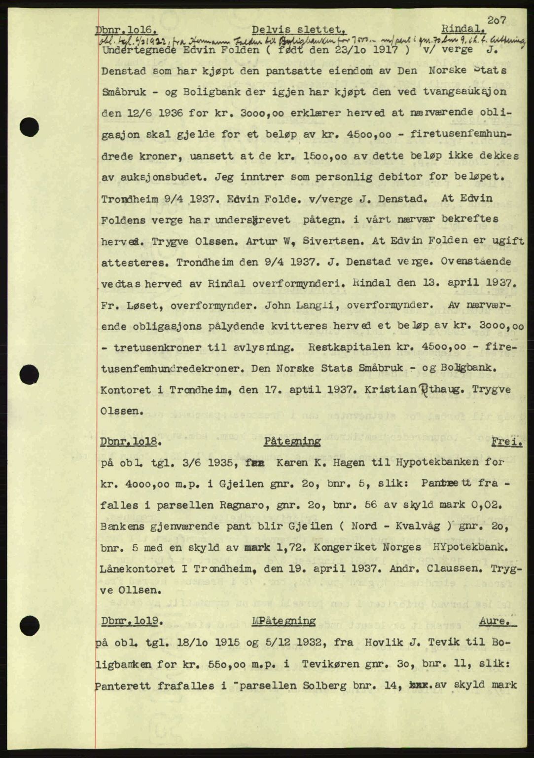 Nordmøre sorenskriveri, AV/SAT-A-4132/1/2/2Ca: Mortgage book no. C80, 1936-1939, Diary no: : 1016/1937