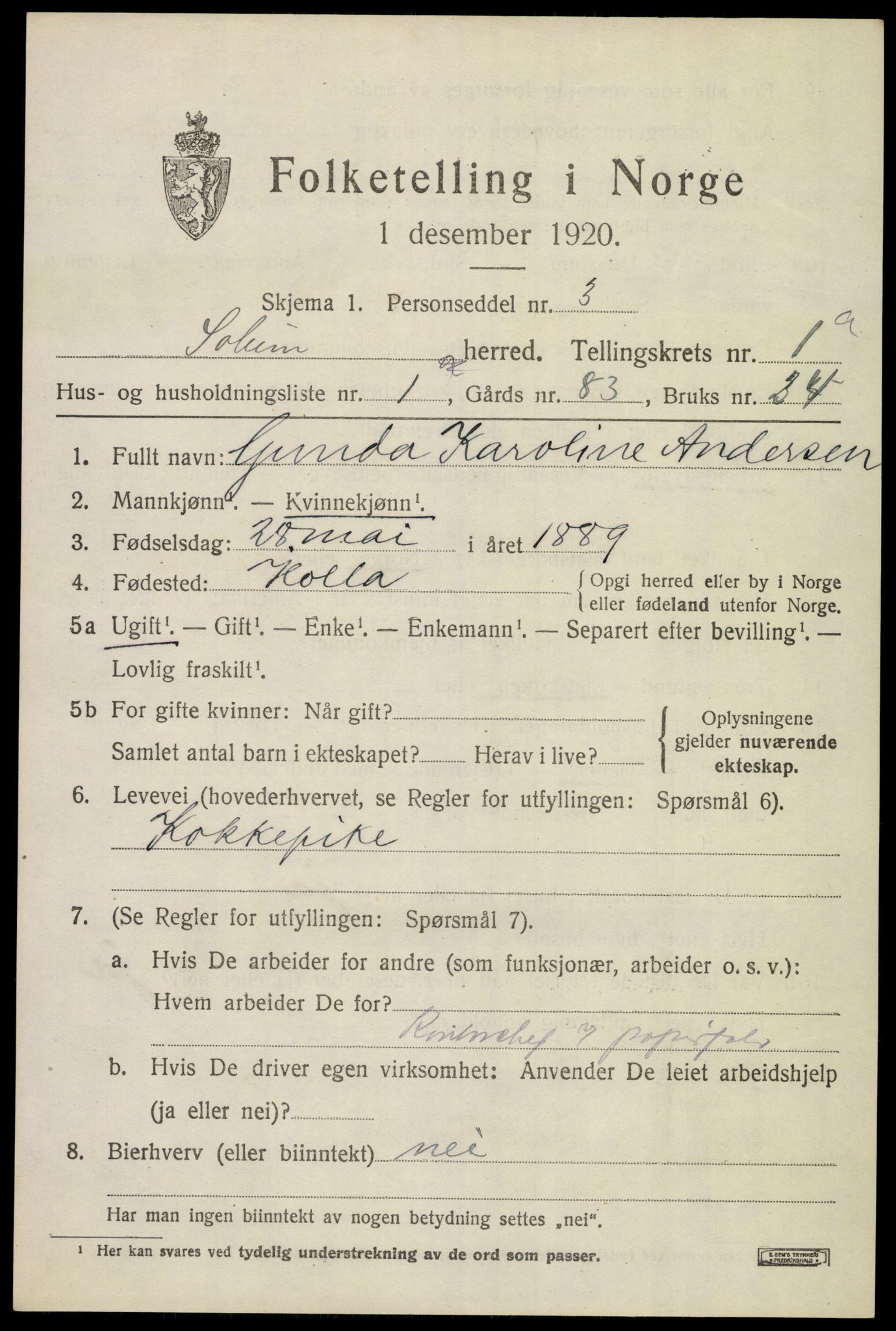 SAKO, 1920 census for Solum, 1920, p. 6324