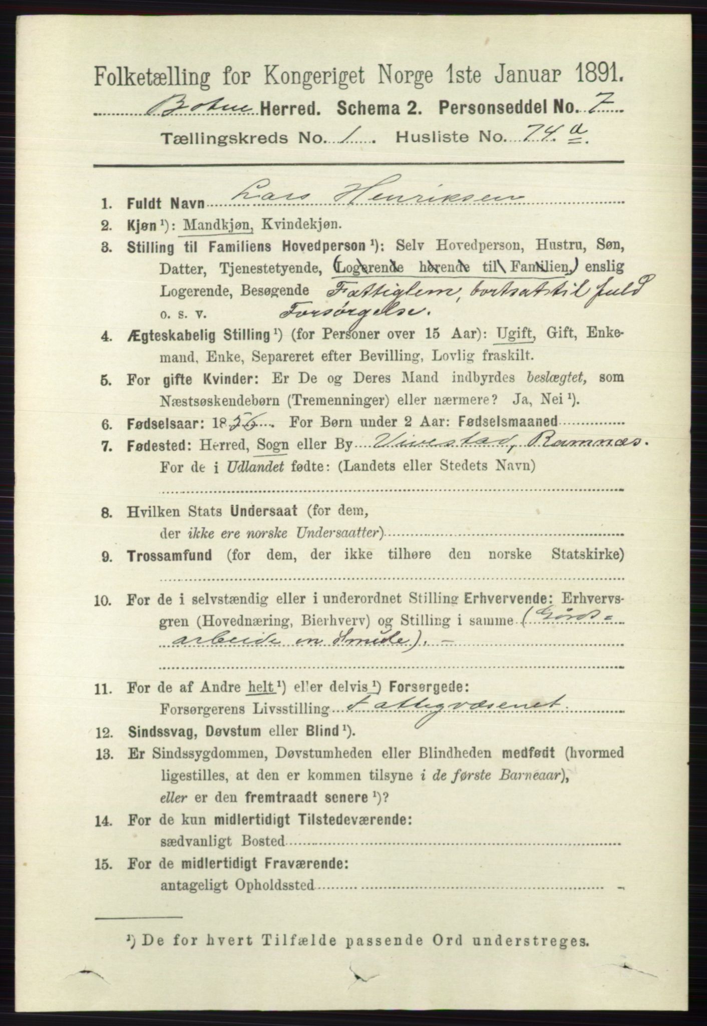 RA, 1891 census for 0715 Botne, 1891, p. 578