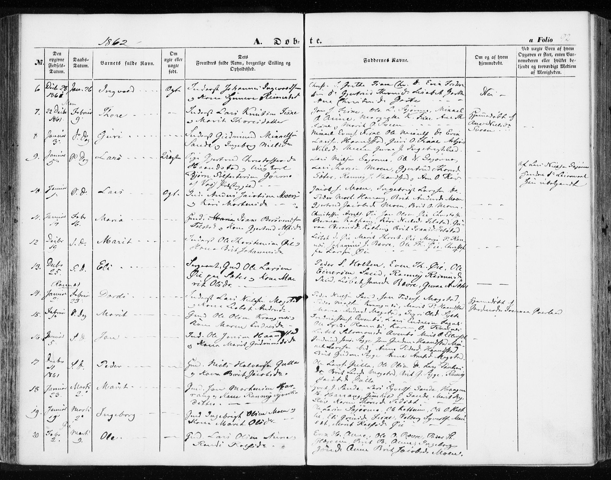 Ministerialprotokoller, klokkerbøker og fødselsregistre - Møre og Romsdal, SAT/A-1454/595/L1044: Parish register (official) no. 595A06, 1852-1863, p. 92