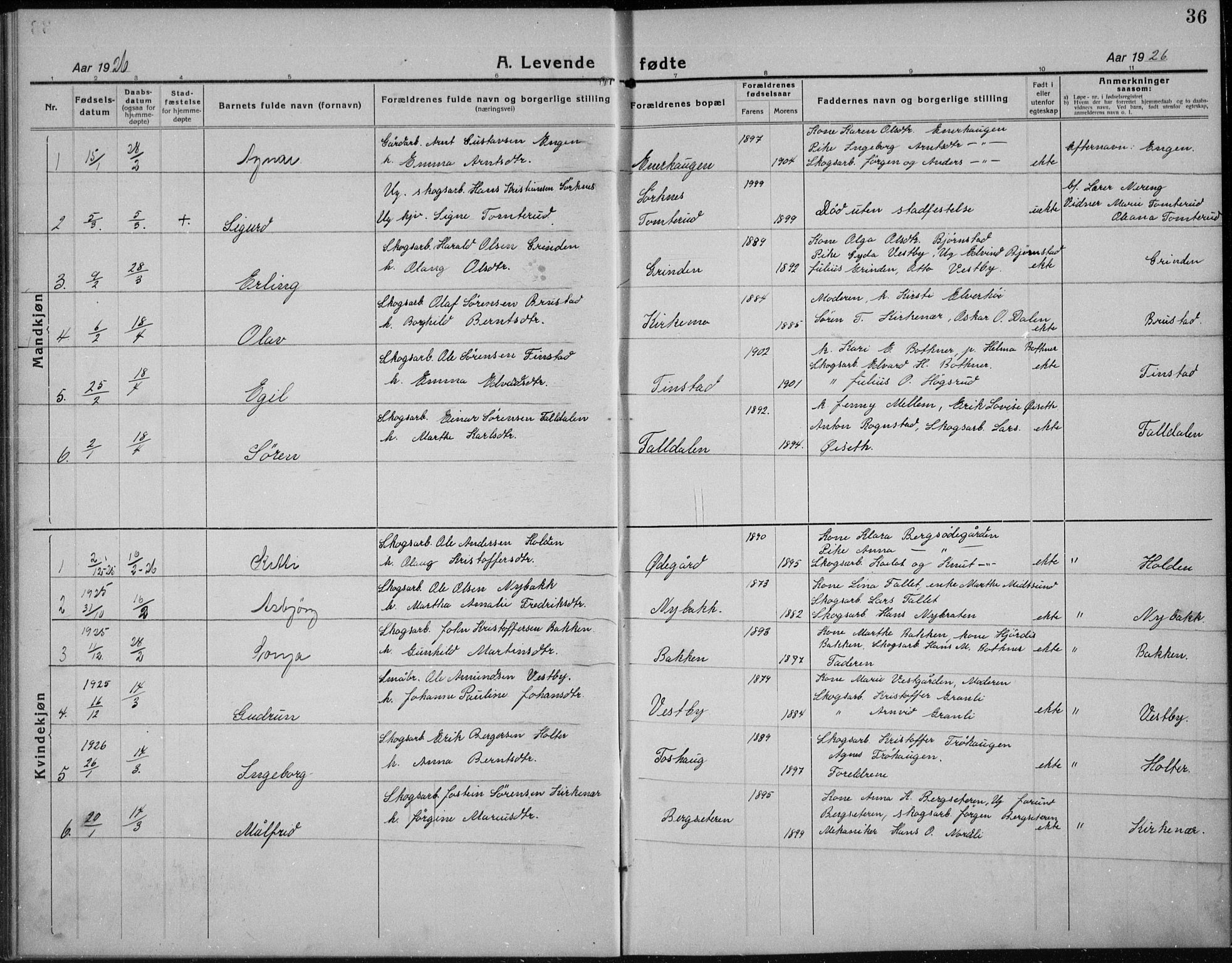 Nord-Odal prestekontor, AV/SAH-PREST-032/H/Ha/Hab/L0004: Parish register (copy) no. 4, 1921-1936, p. 36