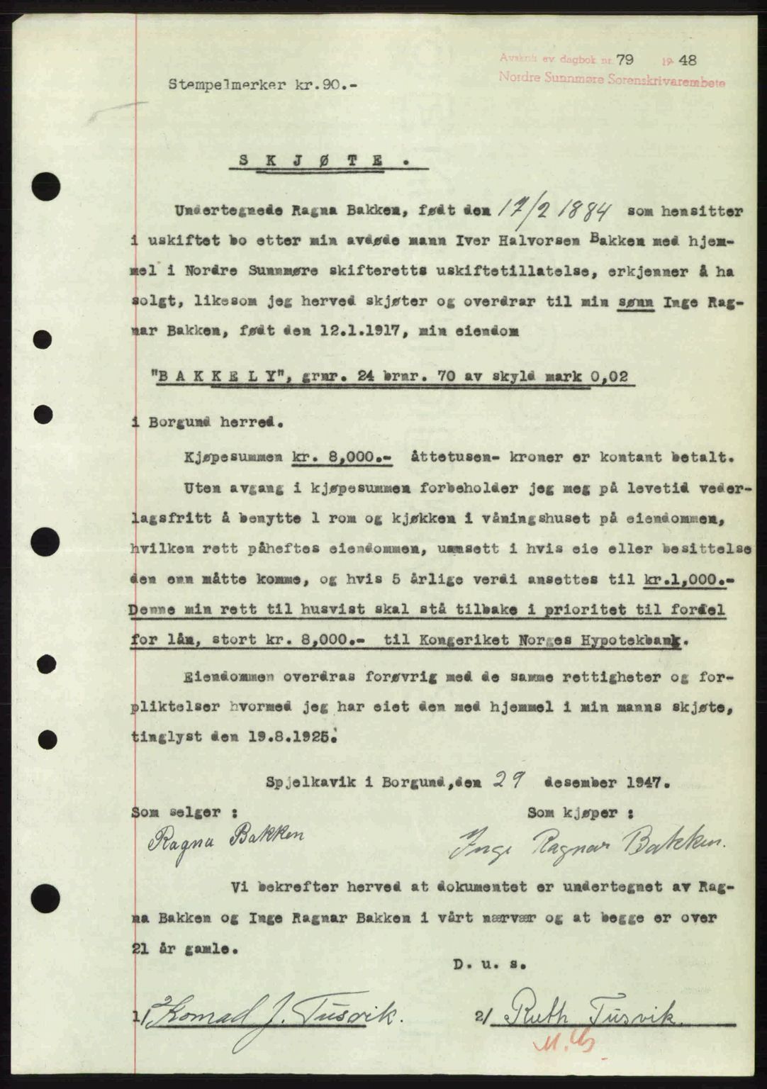 Nordre Sunnmøre sorenskriveri, AV/SAT-A-0006/1/2/2C/2Ca: Mortgage book no. A26, 1947-1948, Diary no: : 79/1948