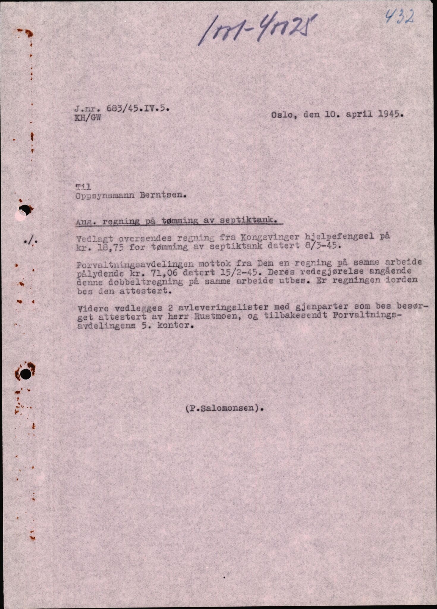Norges arbeidstjeneste, AV/RA-S-5014/D/Da/Dad/L0096/0008: Forvaltningsavdelingen, 5. kontor / 1005-40025 Leiren på Ystehede, 1942-1945