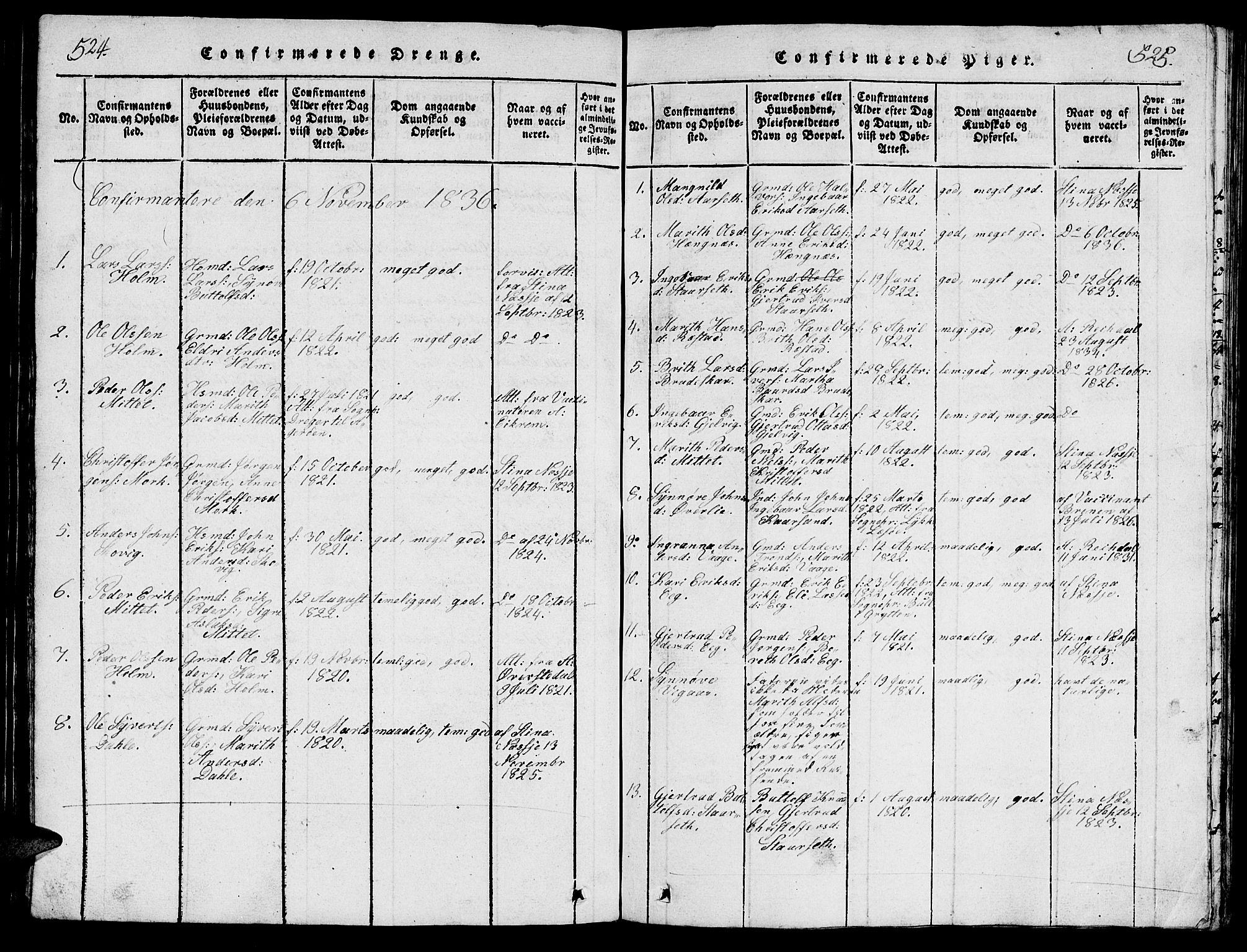 Ministerialprotokoller, klokkerbøker og fødselsregistre - Møre og Romsdal, SAT/A-1454/547/L0610: Parish register (copy) no. 547C01, 1818-1839, p. 524-525