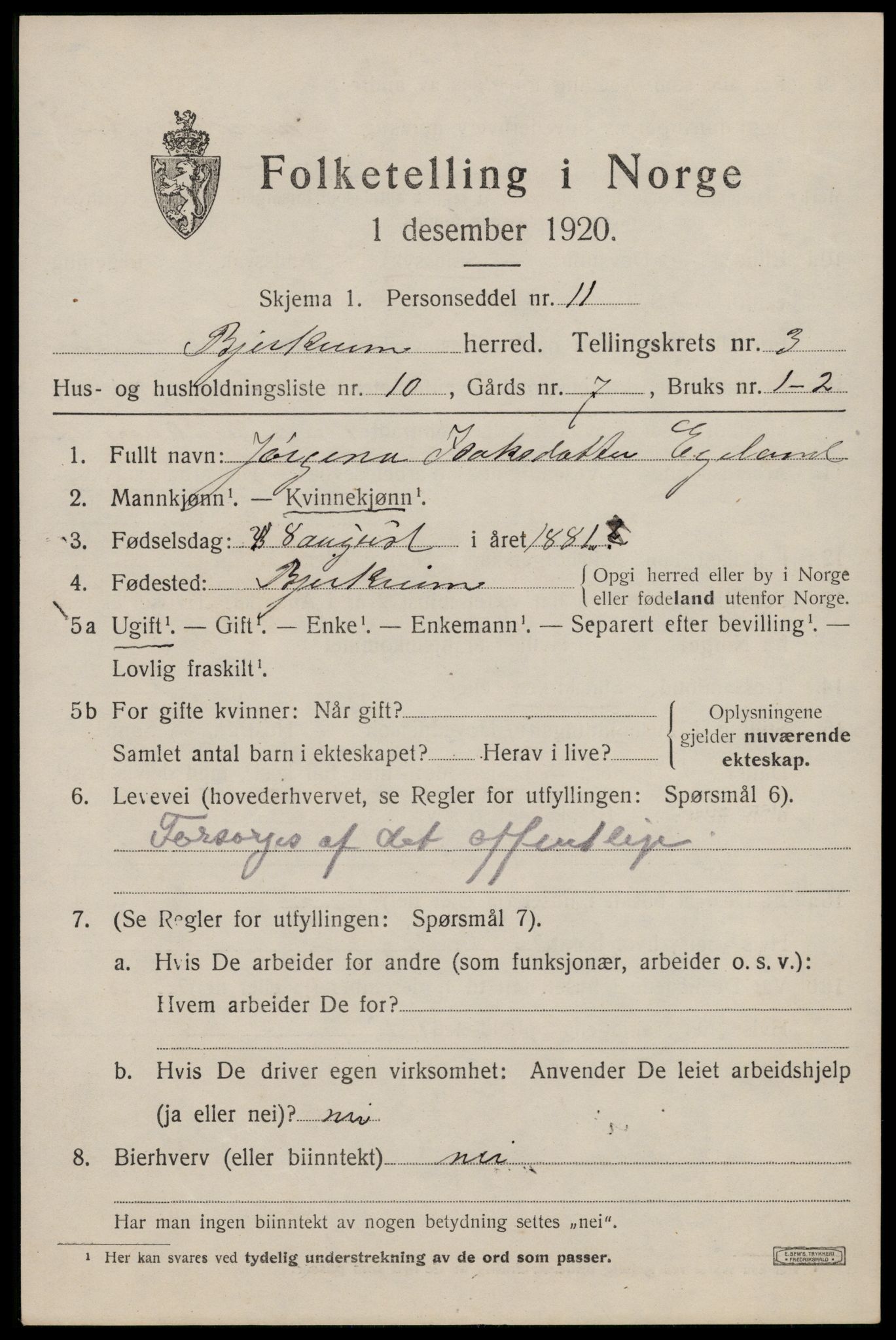 SAST, 1920 census for Bjerkreim, 1920, p. 1766