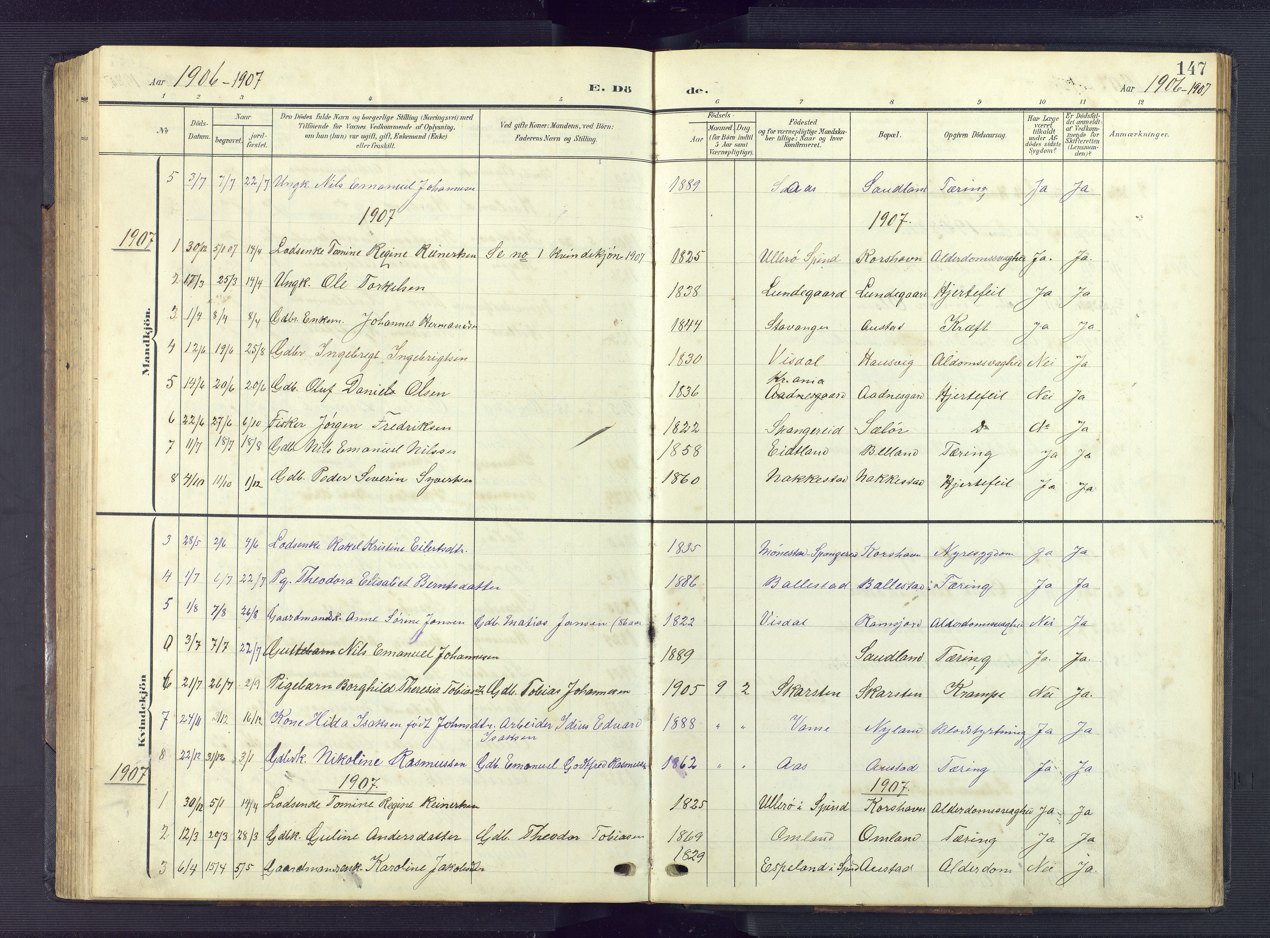 Lyngdal sokneprestkontor, AV/SAK-1111-0029/F/Fb/Fba/L0004: Parish register (copy) no. B 4, 1904-1950, p. 147