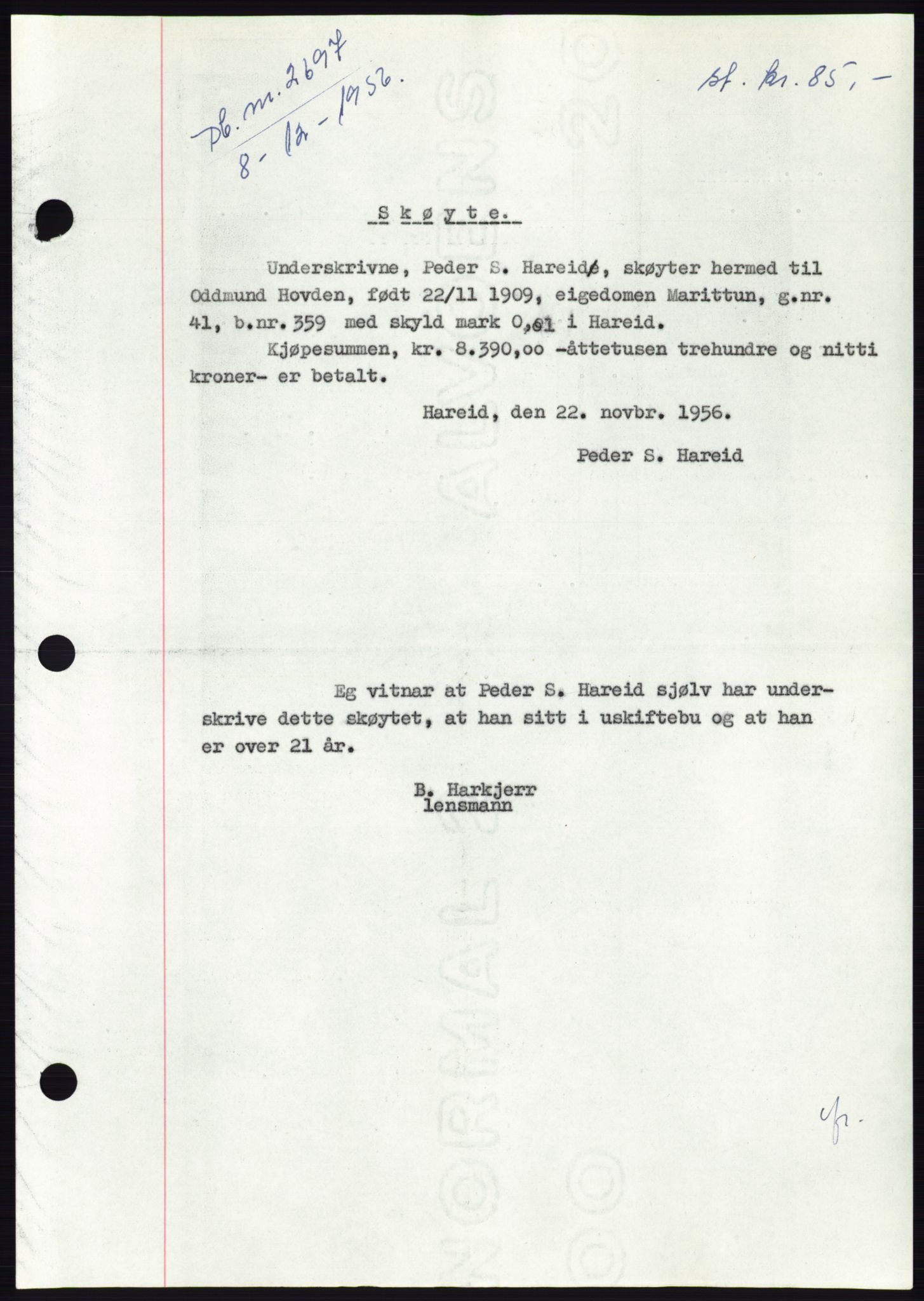 Søre Sunnmøre sorenskriveri, AV/SAT-A-4122/1/2/2C/L0105: Mortgage book no. 31A, 1956-1957, Diary no: : 2697/1956