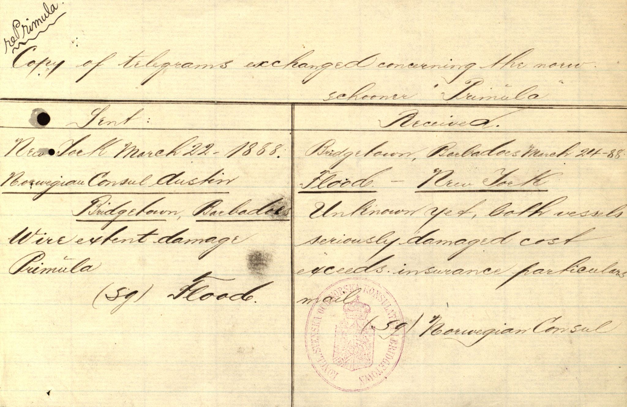 Pa 63 - Østlandske skibsassuranceforening, VEMU/A-1079/G/Ga/L0021/0003: Havaridokumenter / Inga av Drammen, Inga av Sandefjord, Primula, 1888-1889, p. 174