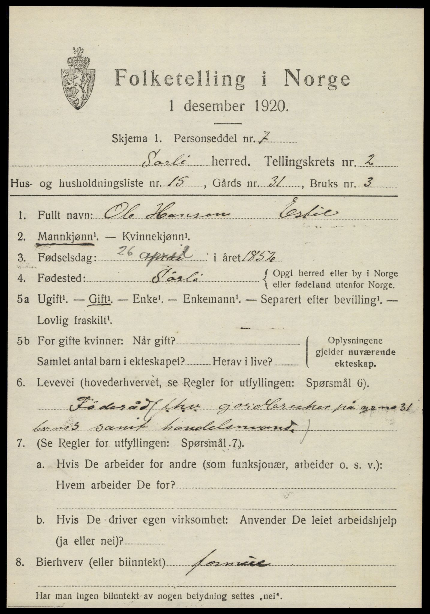 SAT, 1920 census for Sørli, 1920, p. 1037