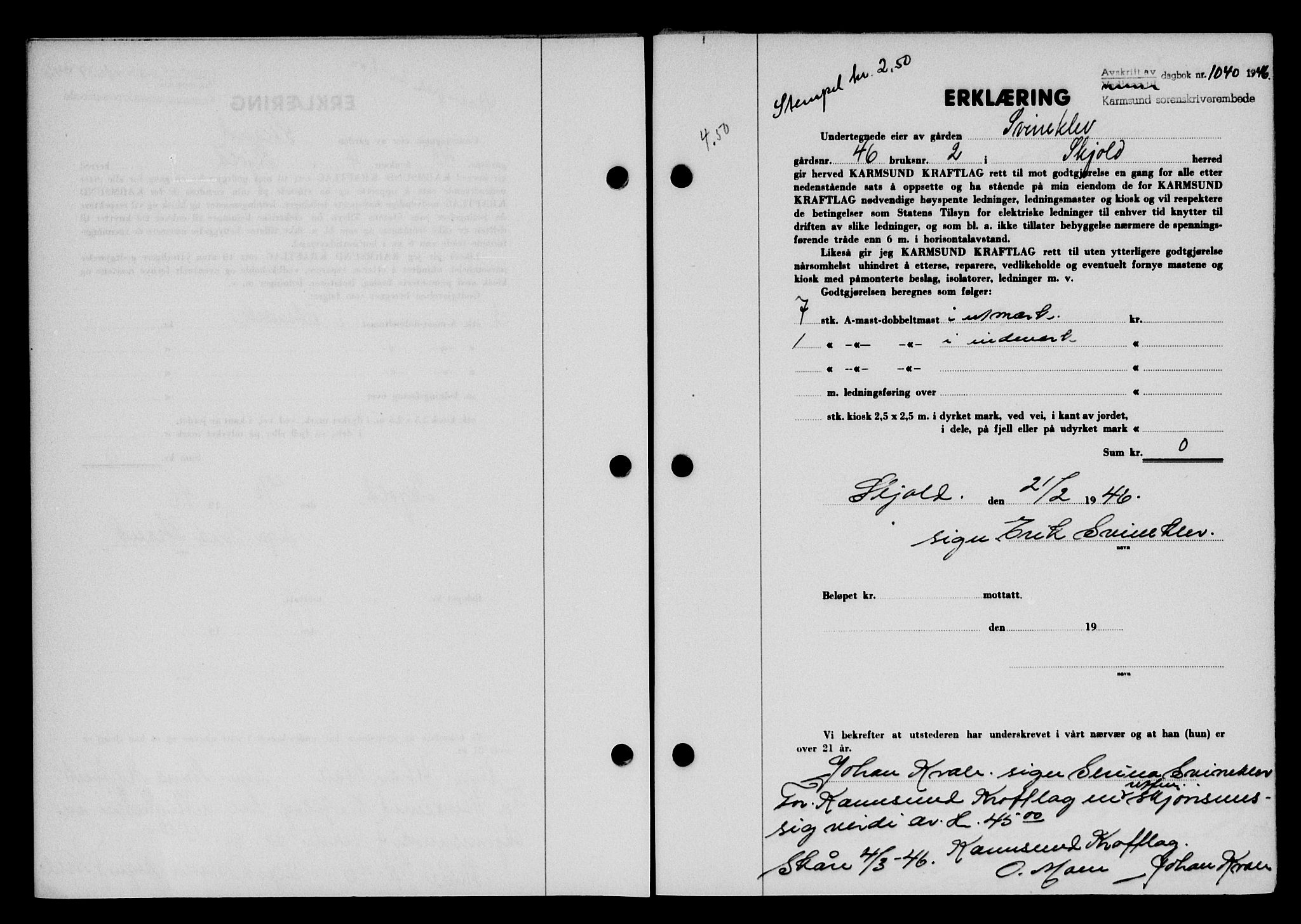 Karmsund sorenskriveri, AV/SAST-A-100311/01/II/IIB/L0085: Mortgage book no. 66A, 1946-1946, Diary no: : 1040/1946