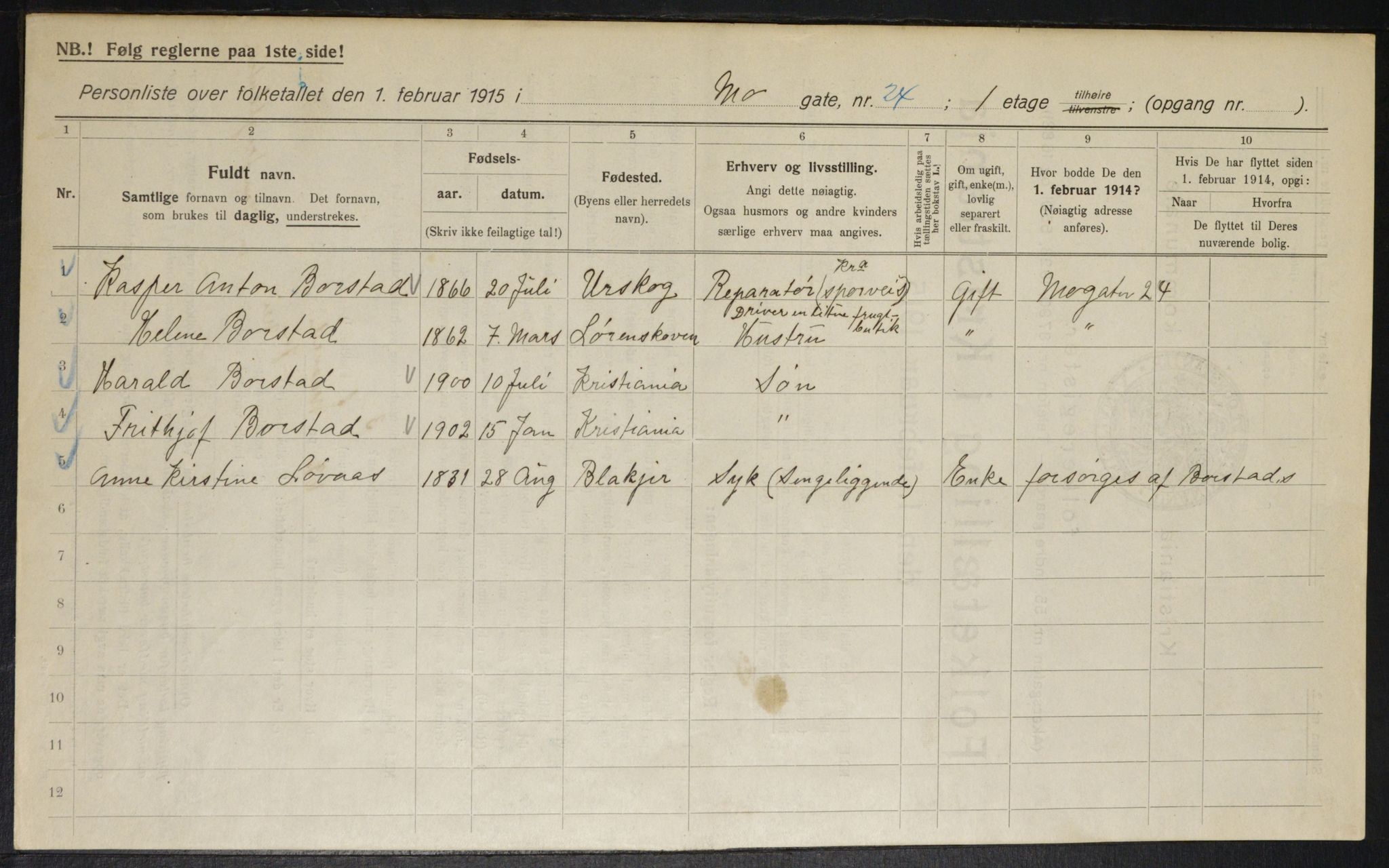 OBA, Municipal Census 1915 for Kristiania, 1915, p. 65008