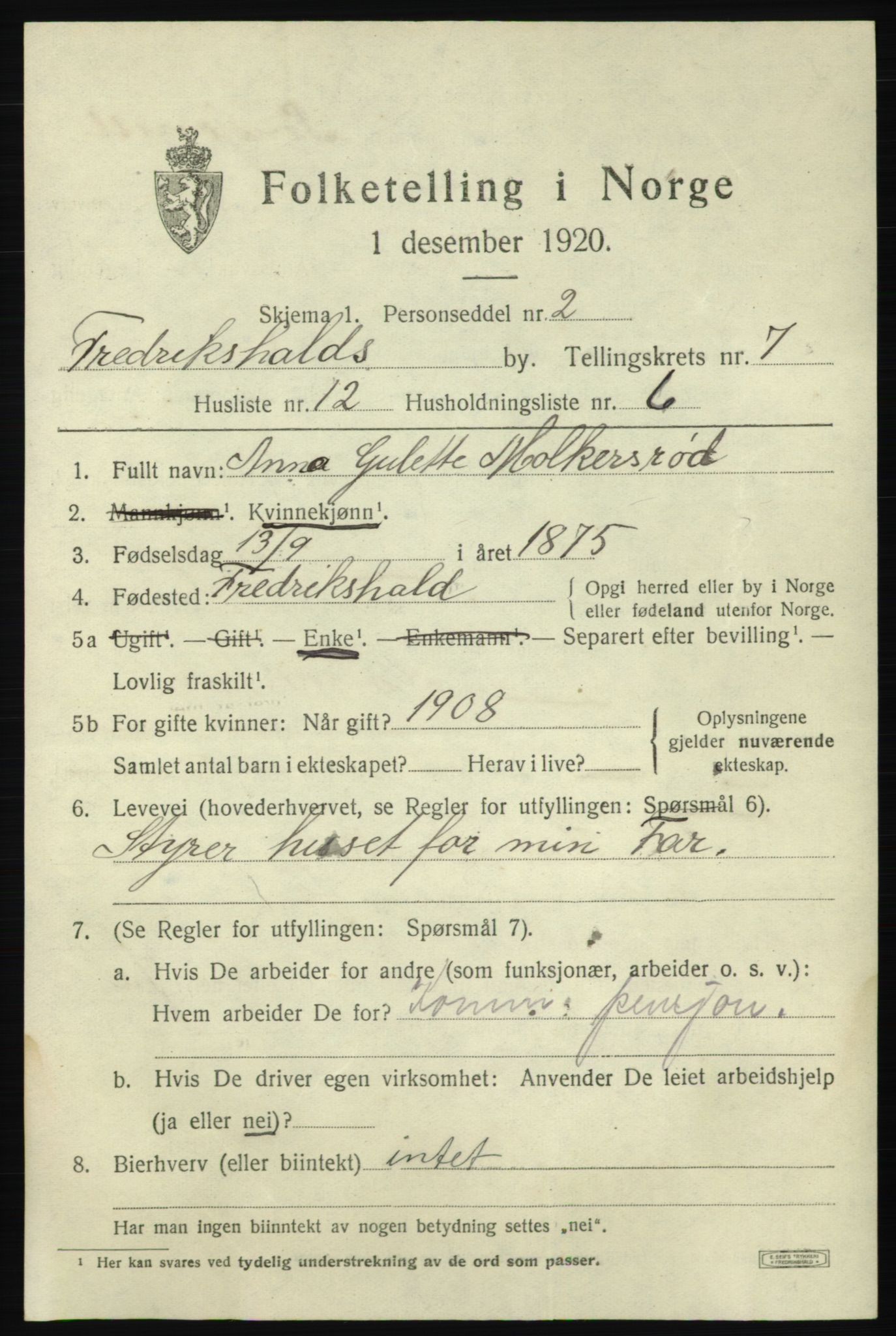 SAO, 1920 census for Fredrikshald, 1920, p. 14090