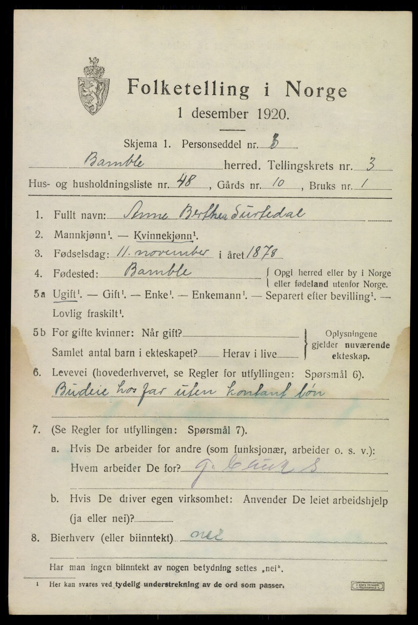 SAKO, 1920 census for Bamble, 1920, p. 4317