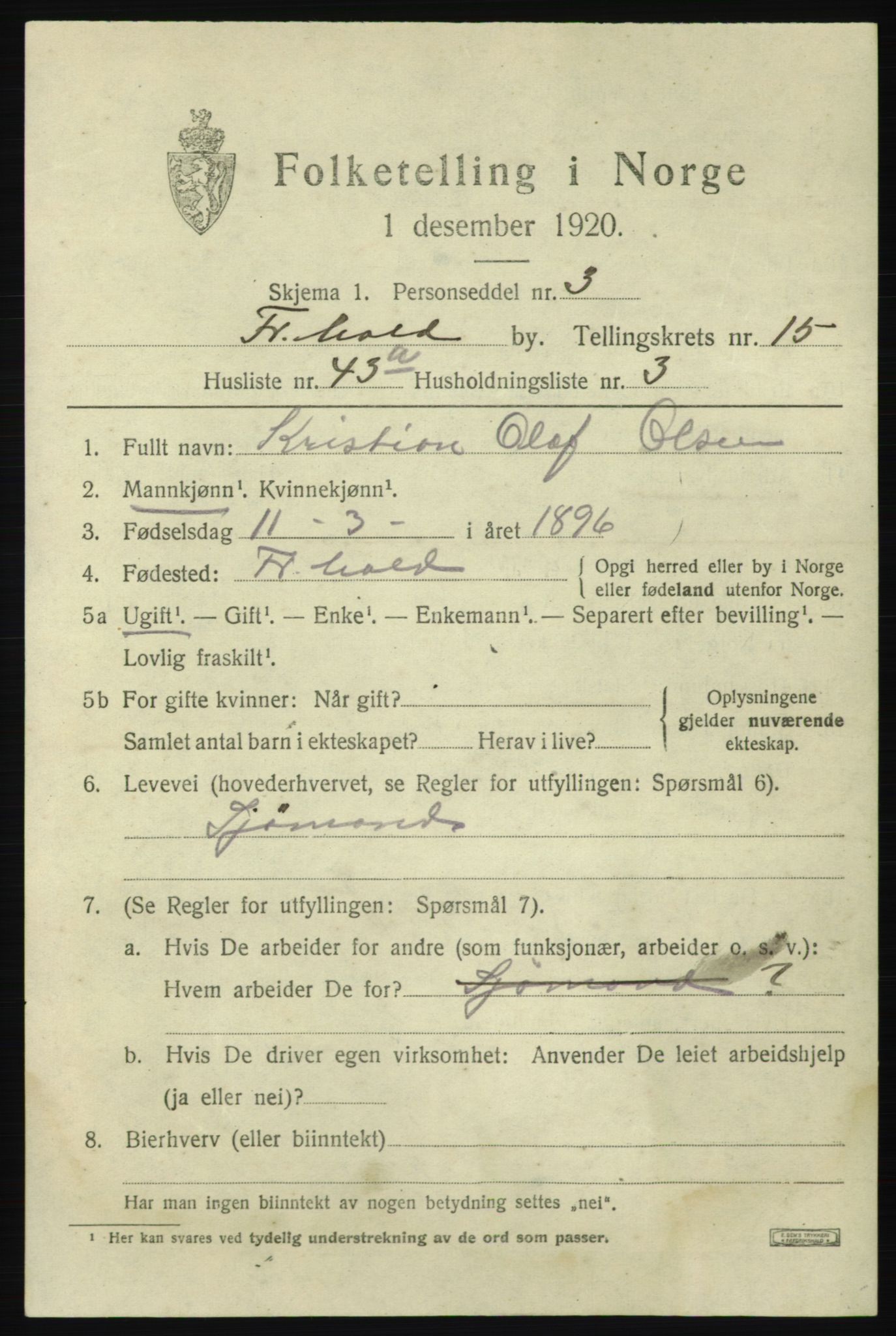 SAO, 1920 census for Fredrikshald, 1920, p. 24212