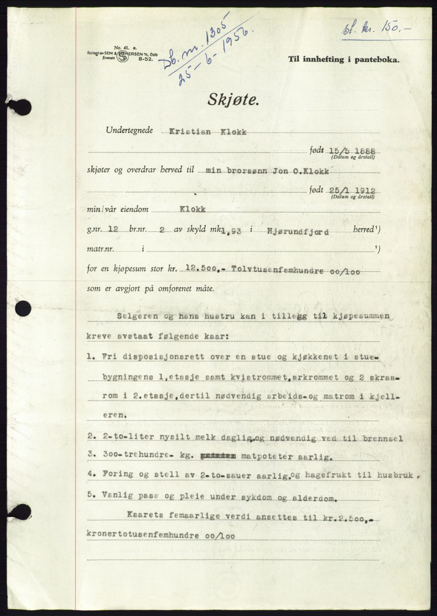 Søre Sunnmøre sorenskriveri, AV/SAT-A-4122/1/2/2C/L0104: Mortgage book no. 30A, 1956-1956, Diary no: : 1305/1956