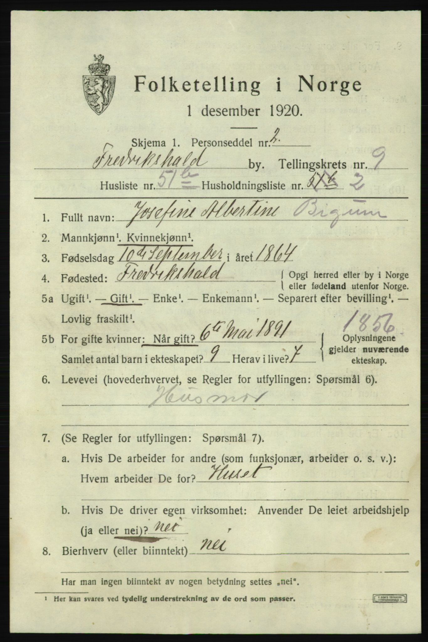 SAO, 1920 census for Fredrikshald, 1920, p. 17187